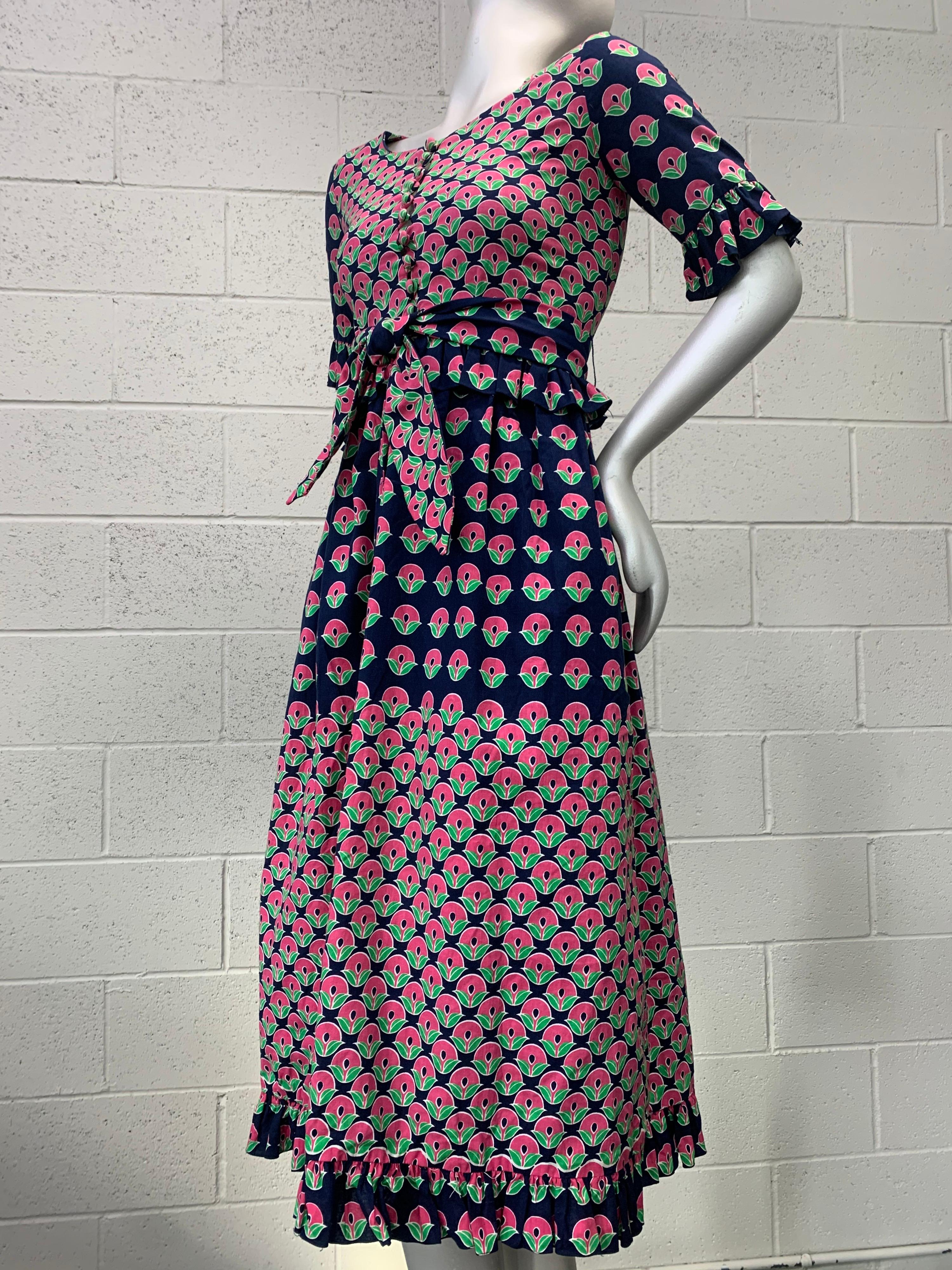 Women's 1960 Oscar de la Renta Navy & Pink Cotton Flower Print Dress W/ Tie & Pockets