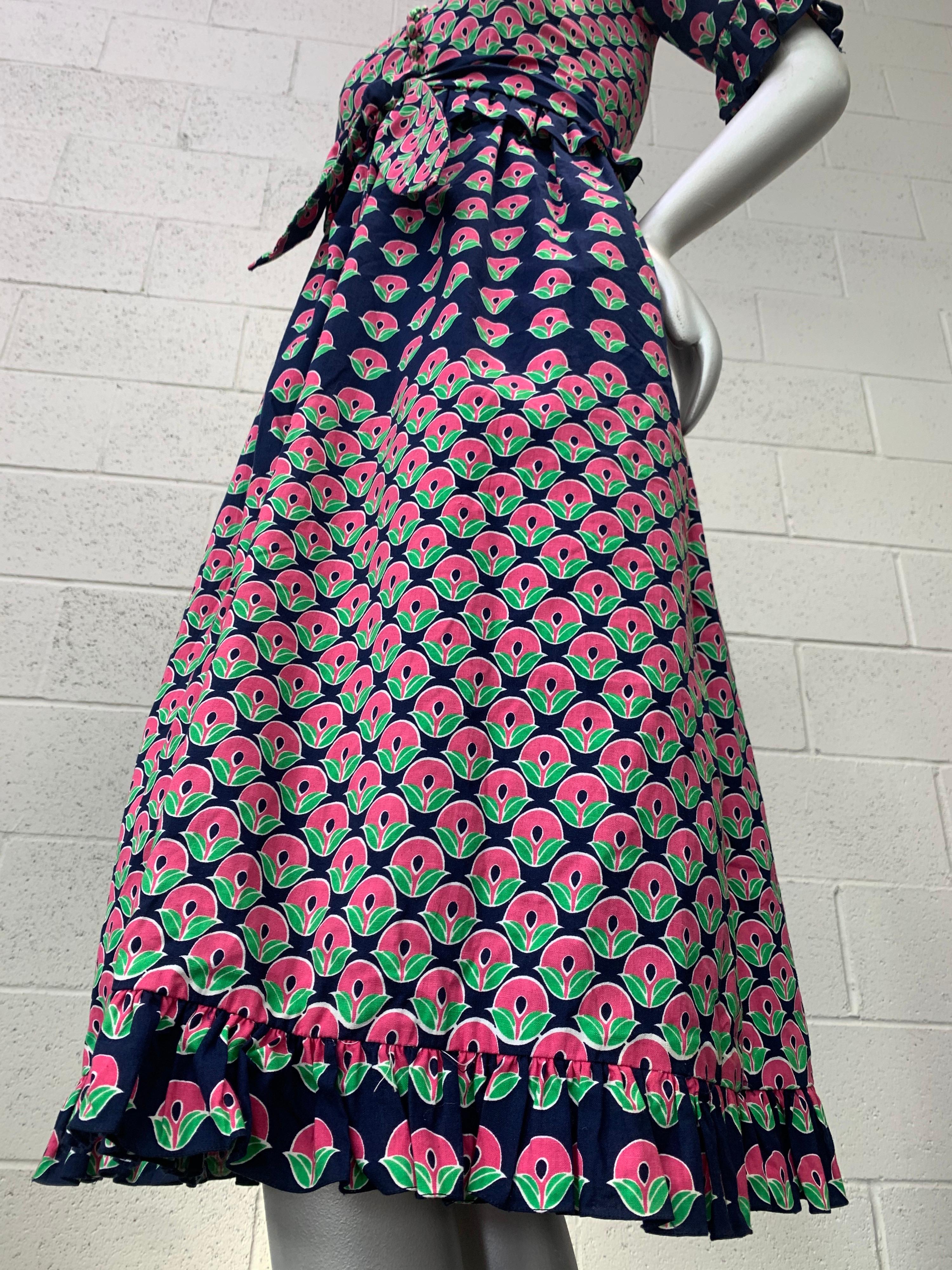 1960 Oscar de la Renta Navy & Pink Cotton Flower Print Dress W/ Tie & Pockets 1