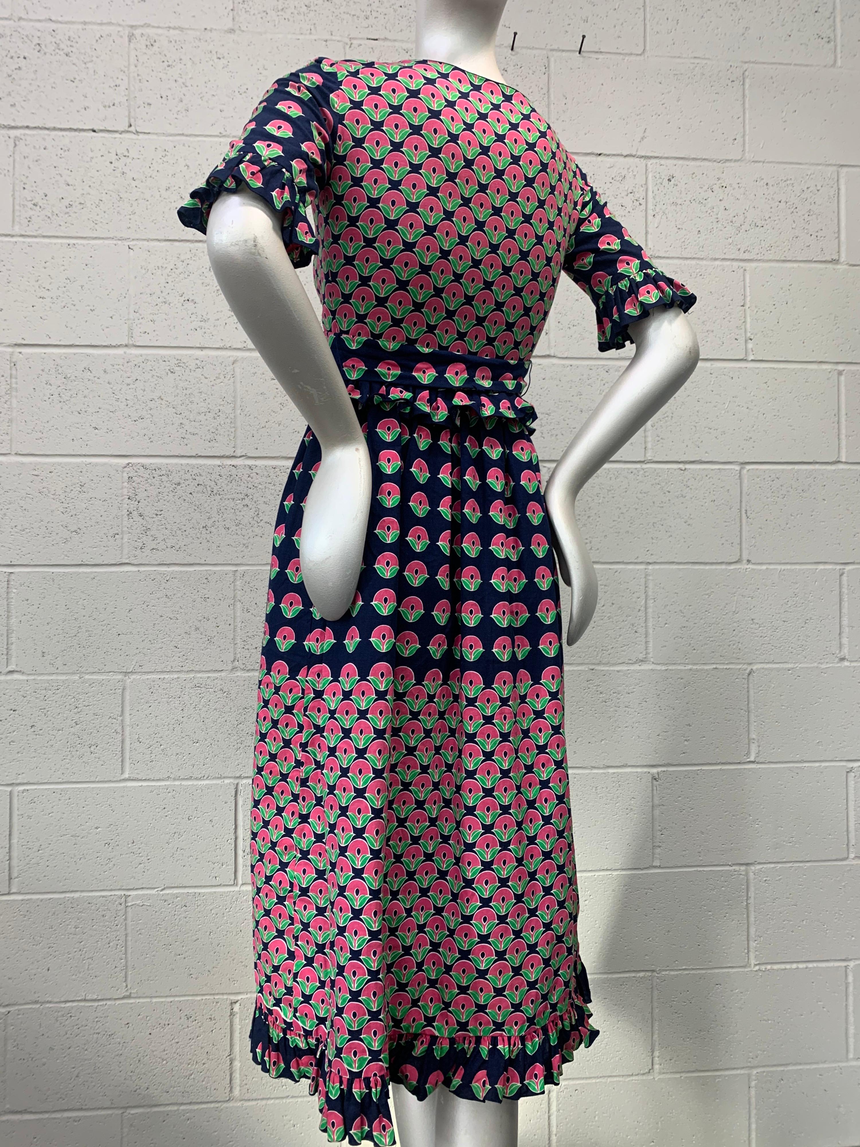 1960 Oscar de la Renta Navy & Pink Cotton Flower Print Dress W/ Tie & Pockets 2