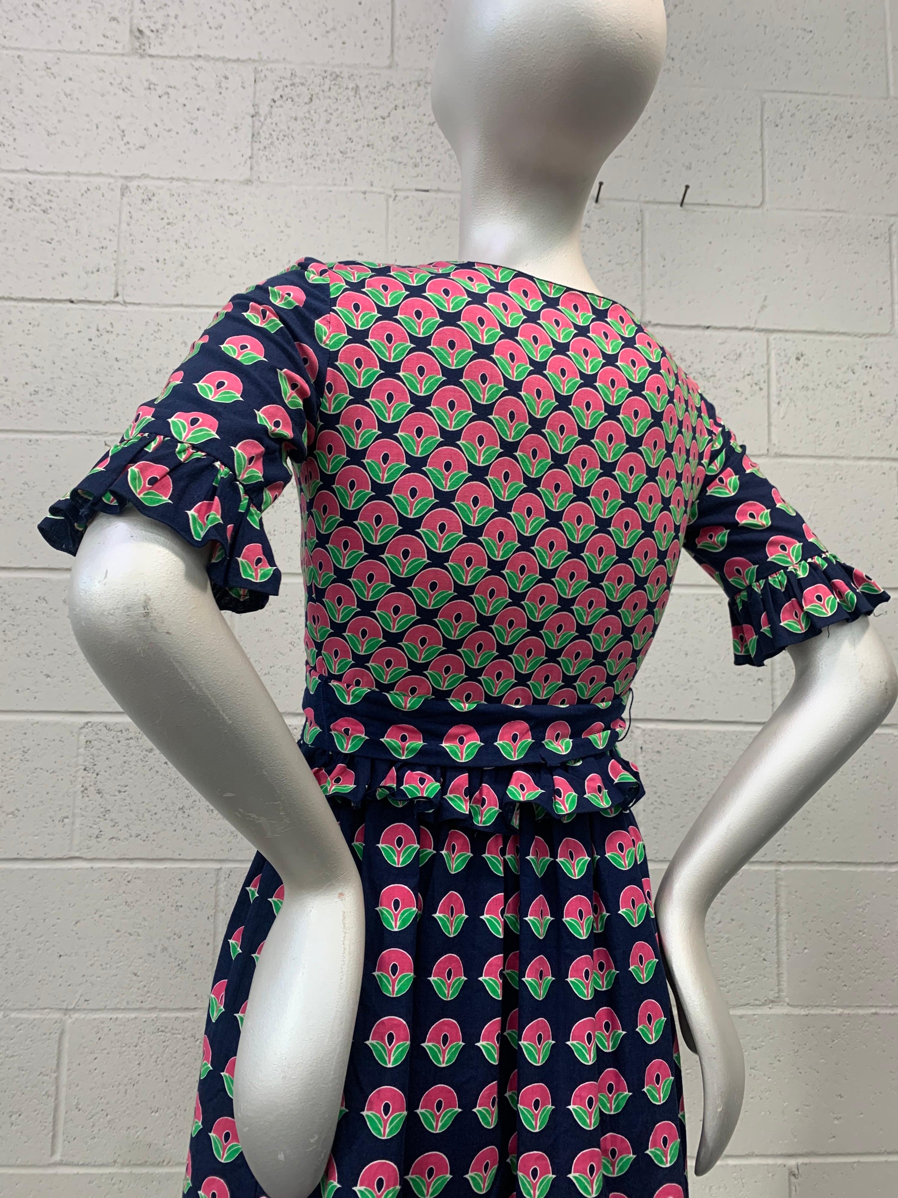 1960 Oscar de la Renta Navy & Pink Cotton Flower Print Dress W/ Tie & Pockets 3