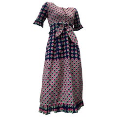 1960 Oscar de la Renta Navy & Pink Cotton Flower Print Dress W/ Tie & Pockets