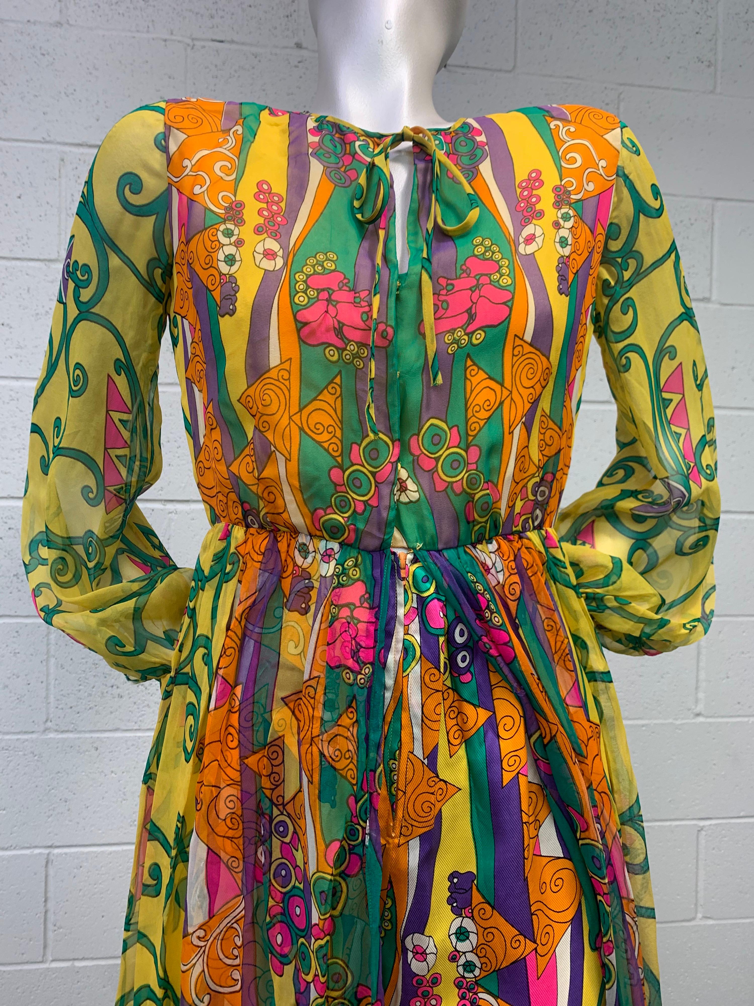 1960 Oscar de la Renta Silk Print Chiffon Palazzo Pant Jumpsuit W/ Silk Overlay For Sale 3