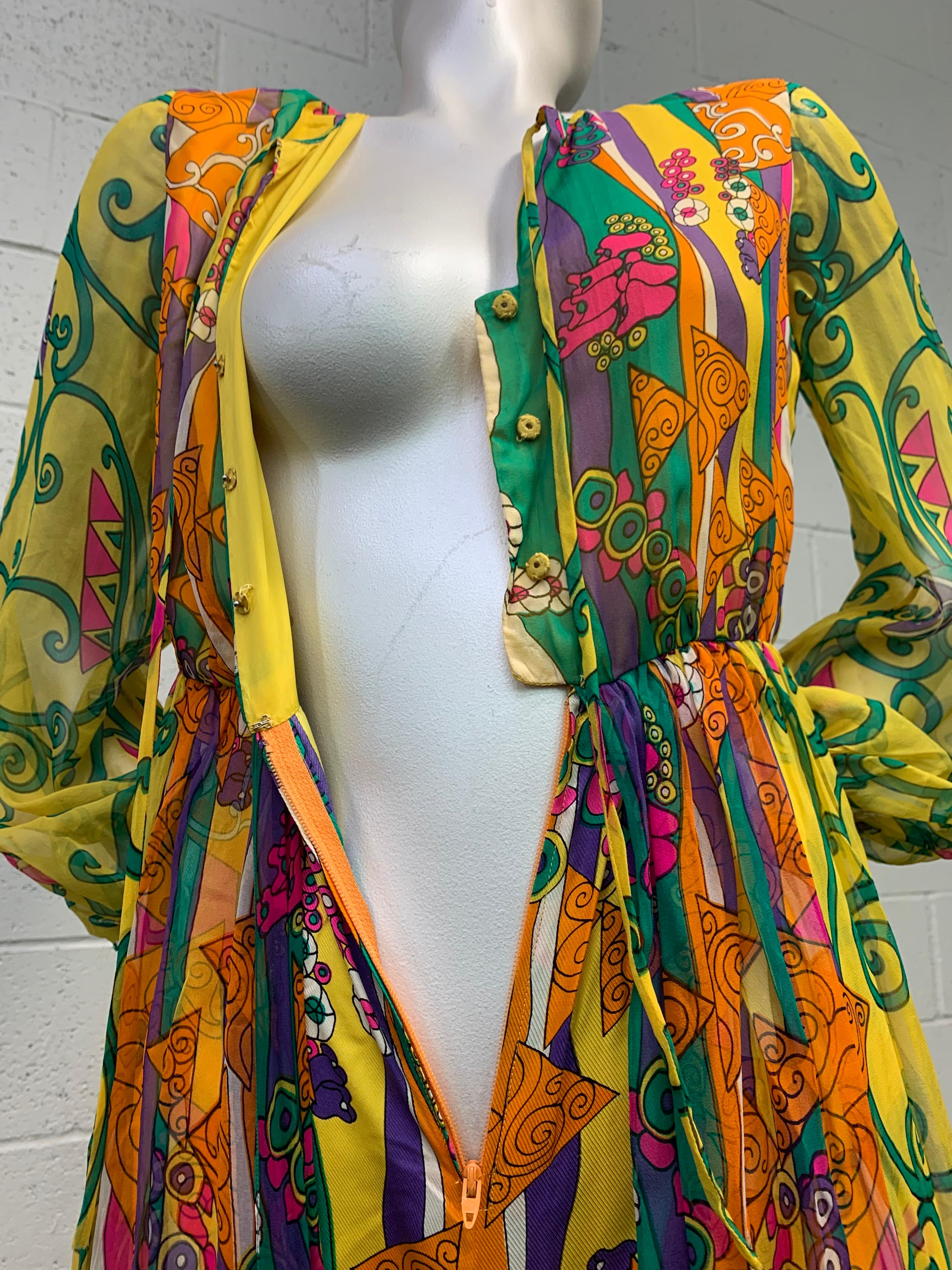 1960 Oscar de la Renta Silk Print Chiffon Palazzo Pant Jumpsuit W/ Silk Overlay For Sale 10