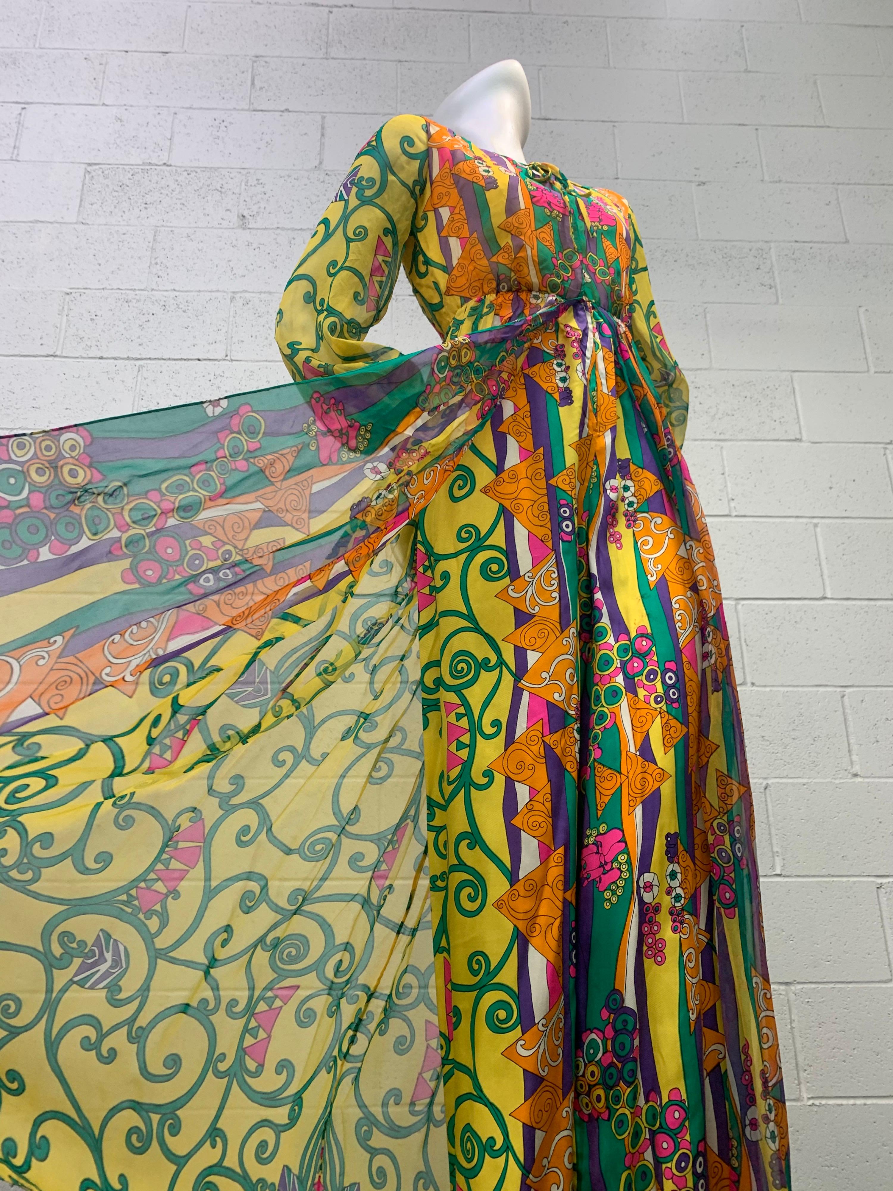 1960 Oscar de La Renta, Klimt-inspired silk print palazzo pant jumpsuit with silk chiffon overlay: A fabulous mod print that evokes Gustav Klimt is layered over a silk twill jumpsuit for this exciting piece. Front-closure: snaps, tie and zipper.