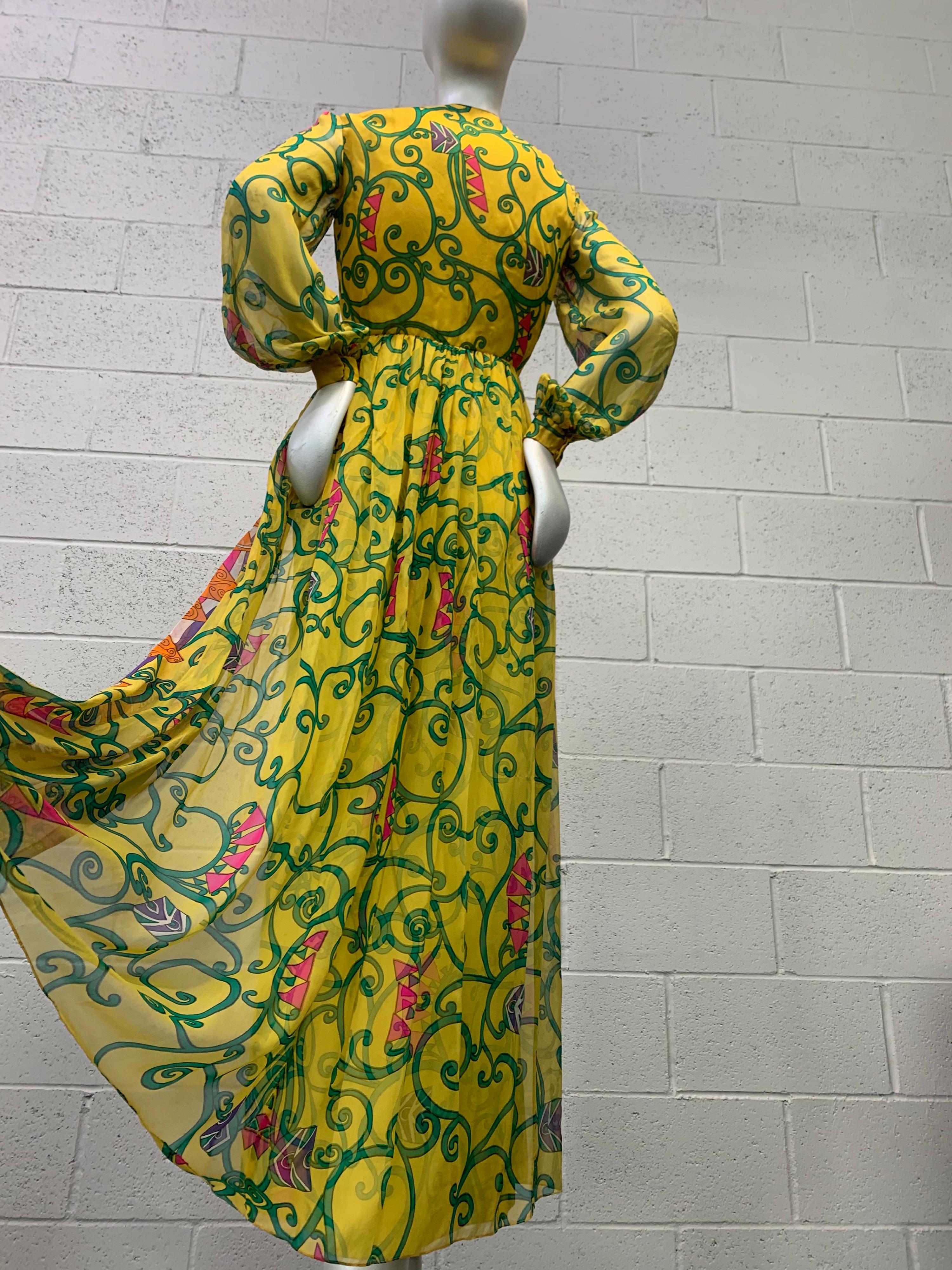 Brown 1960 Oscar de la Renta Silk Print Chiffon Palazzo Pant Jumpsuit W/ Silk Overlay For Sale