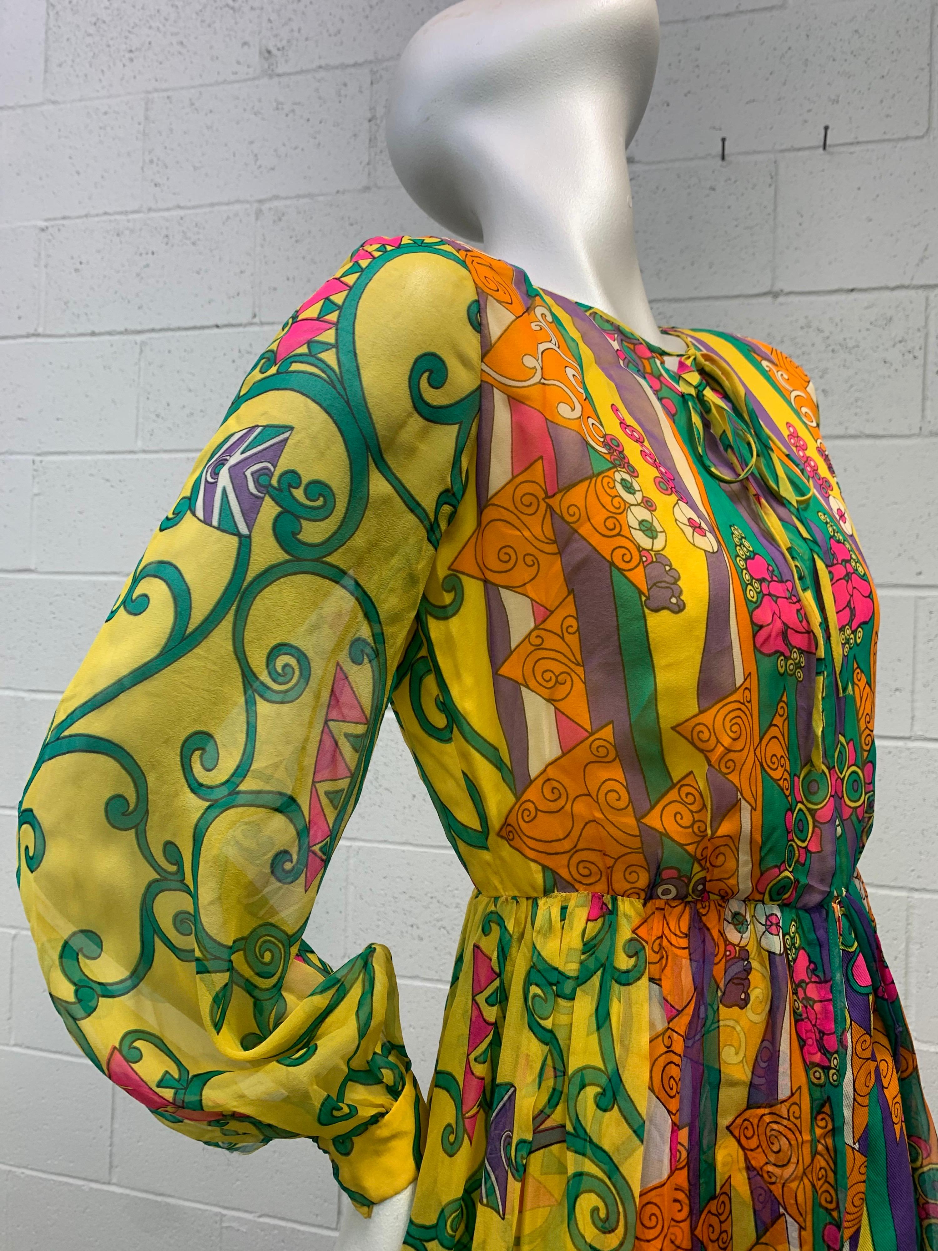 Women's 1960 Oscar de la Renta Silk Print Chiffon Palazzo Pant Jumpsuit W/ Silk Overlay For Sale