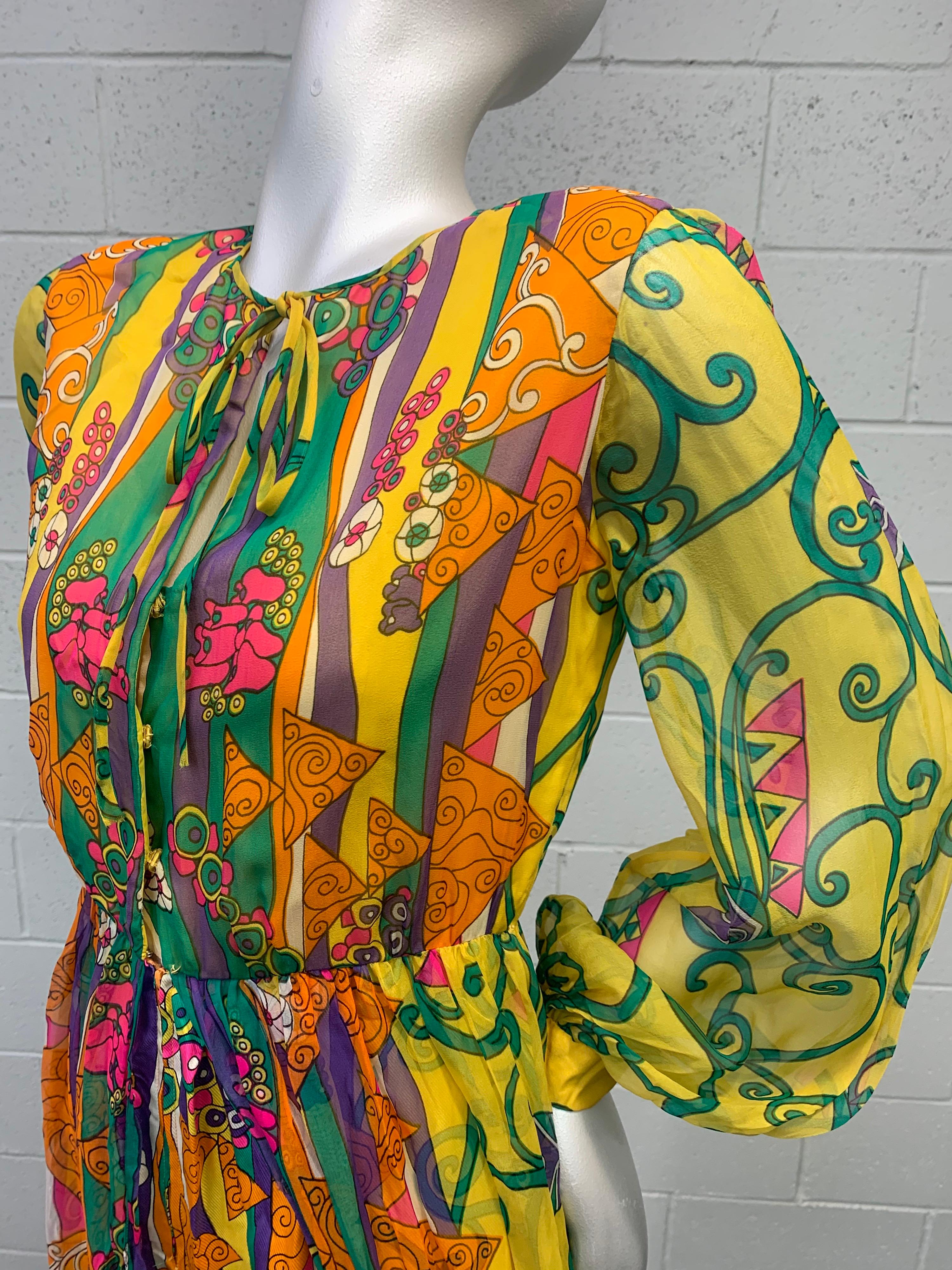 1960 Oscar de la Renta Silk Print Chiffon Palazzo Pant Jumpsuit W/ Silk Overlay For Sale 1