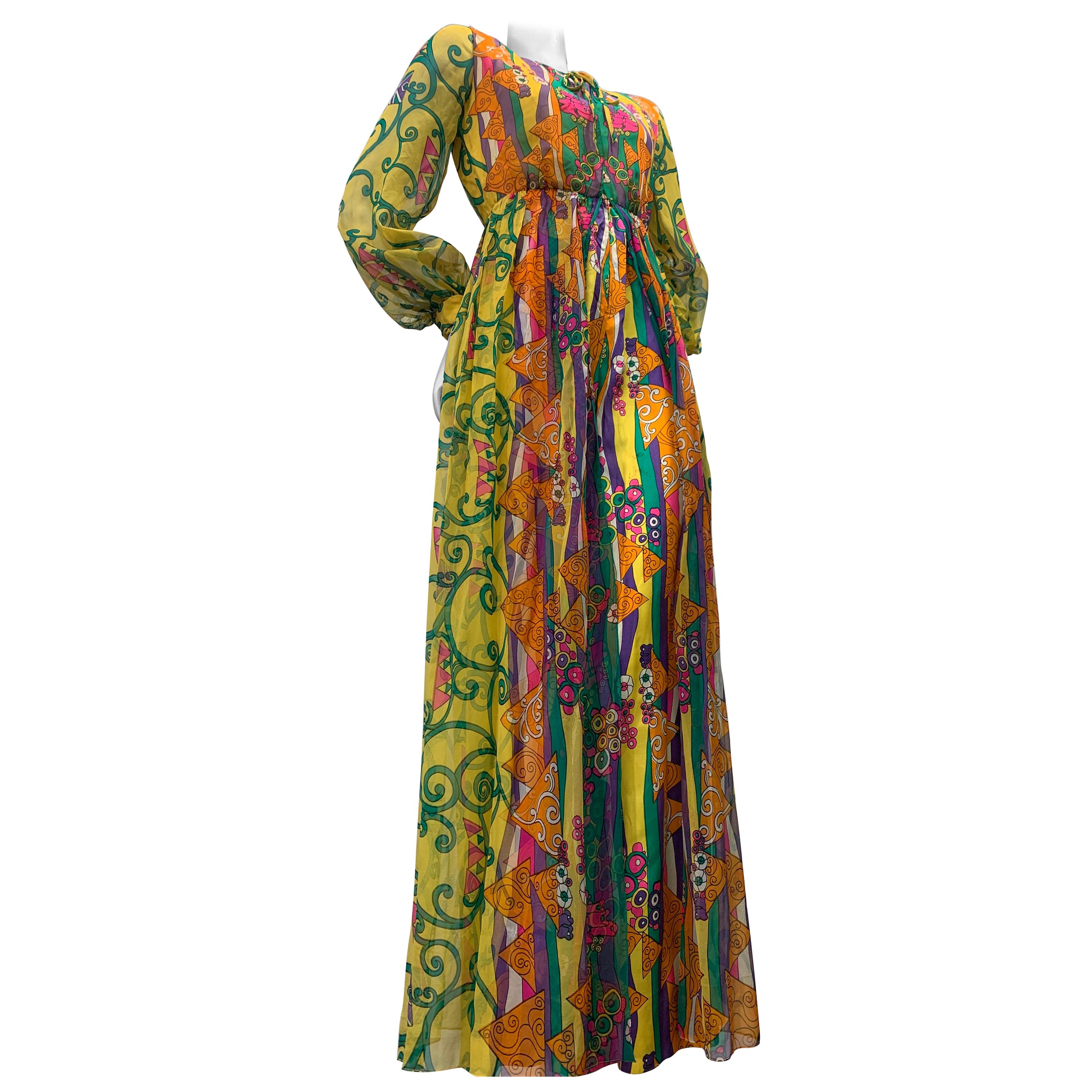 1960 Oscar de la Renta Silk Print Chiffon Palazzo Pant Jumpsuit W/ Silk Overlay