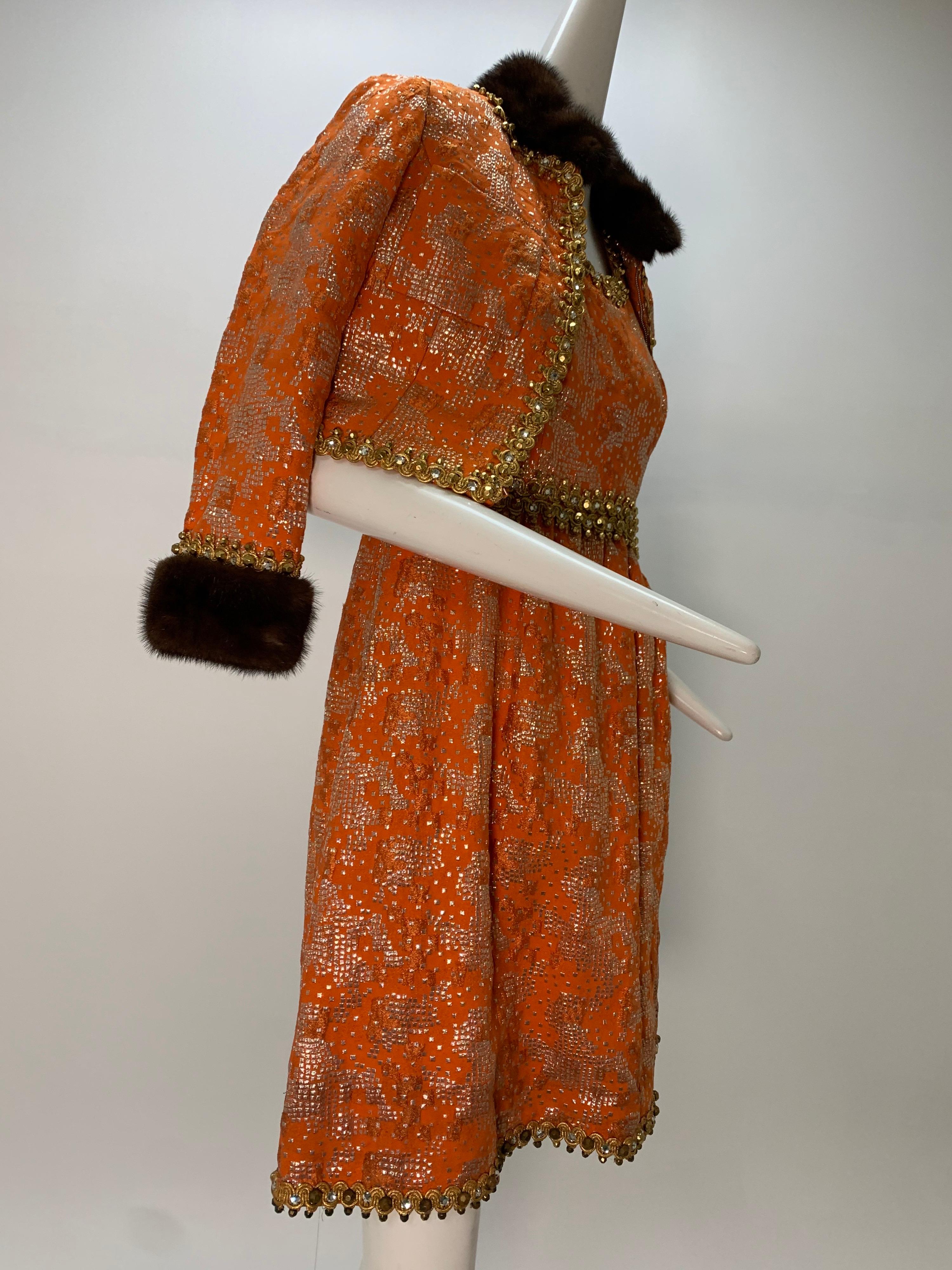 1960 Oscar DeLaRenta Tangerine Silk Brocade Cocktail Dress Ensemble W/Mink Trim  For Sale 7