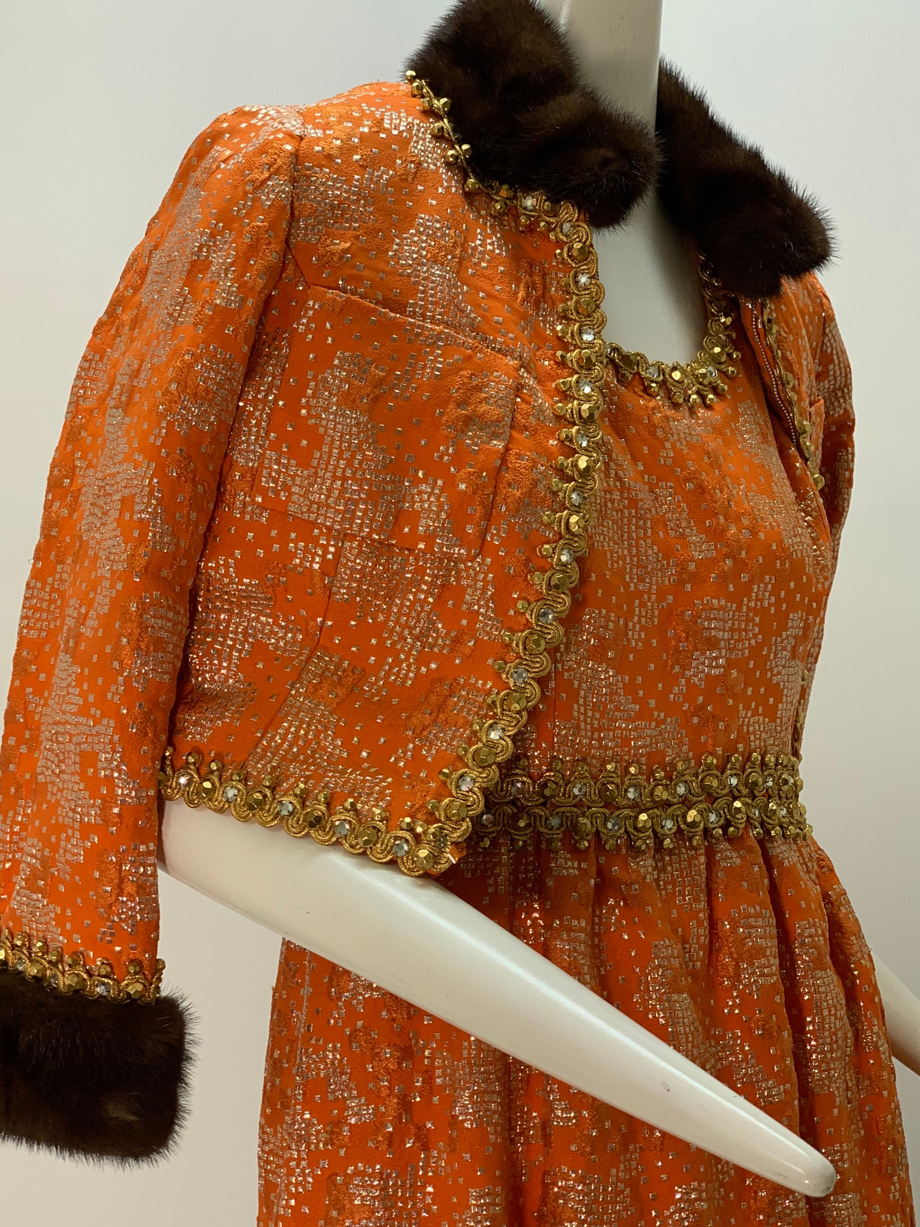 1960 Oscar DeLaRenta Tangerine Silk Brocade Cocktail Dress Ensemble W/Mink Trim  For Sale 9