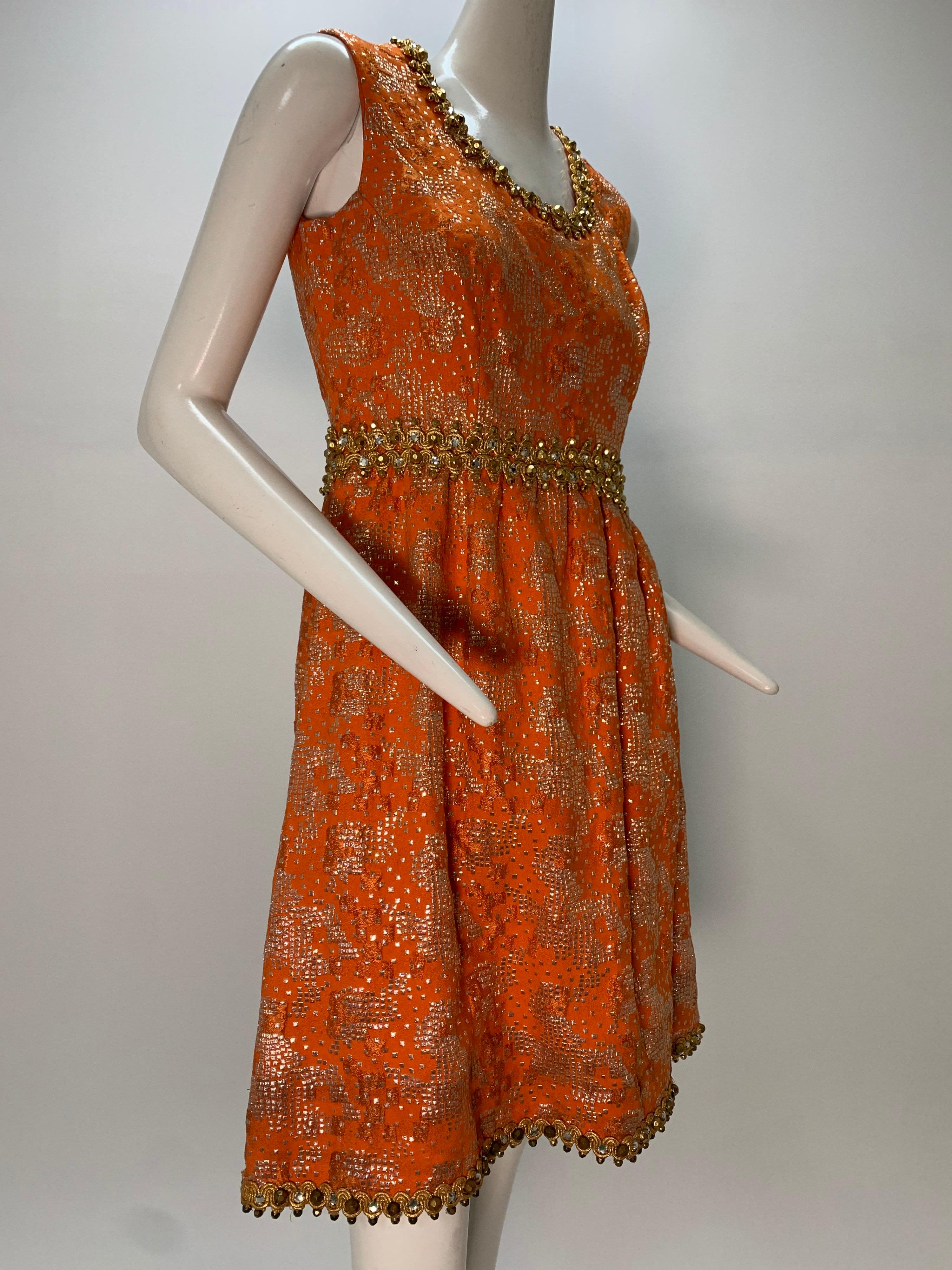 1960 Oscar DeLaRenta Tangerine Silk Brocade Cocktail Dress Ensemble W/Mink Trim  For Sale 10