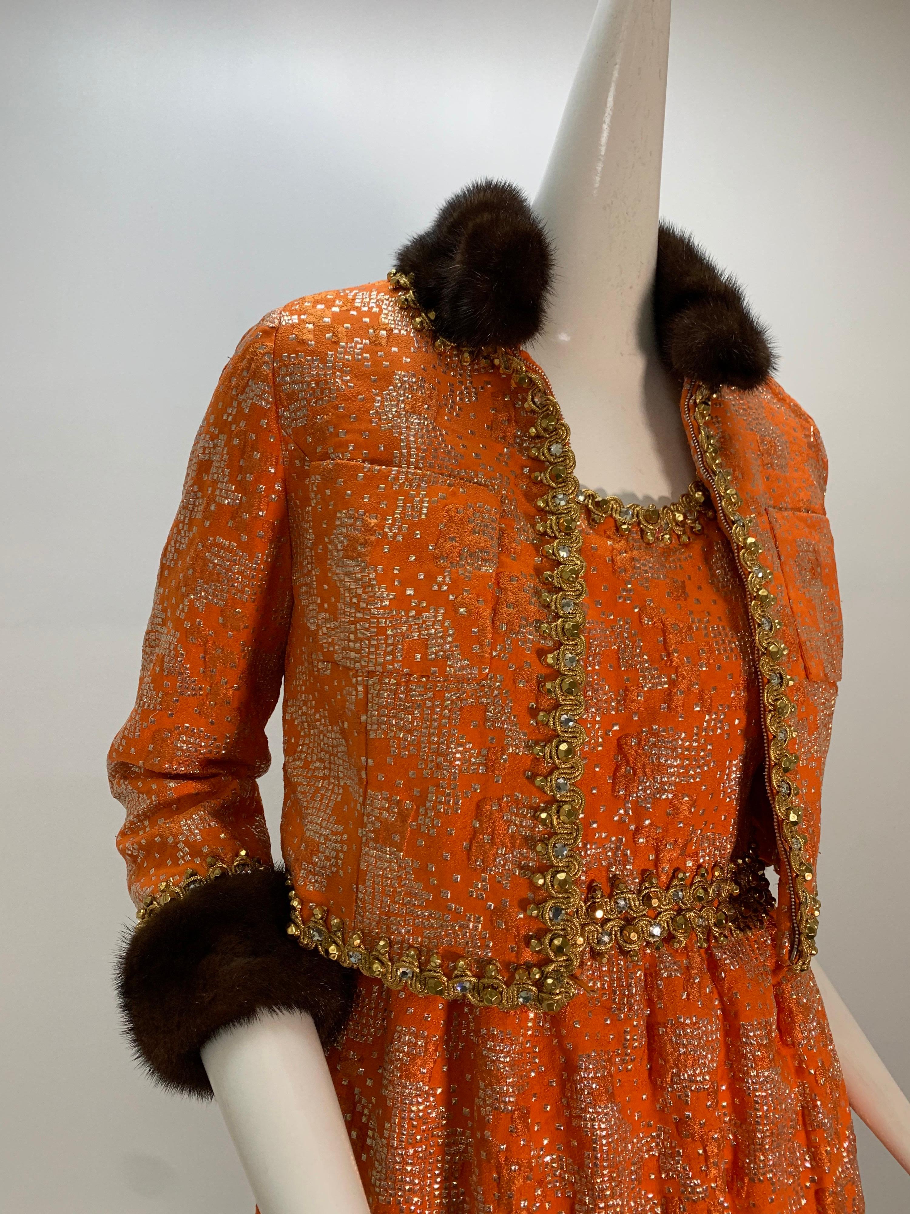 Brown 1960 Oscar DeLaRenta Tangerine Silk Brocade Cocktail Dress Ensemble W/Mink Trim  For Sale