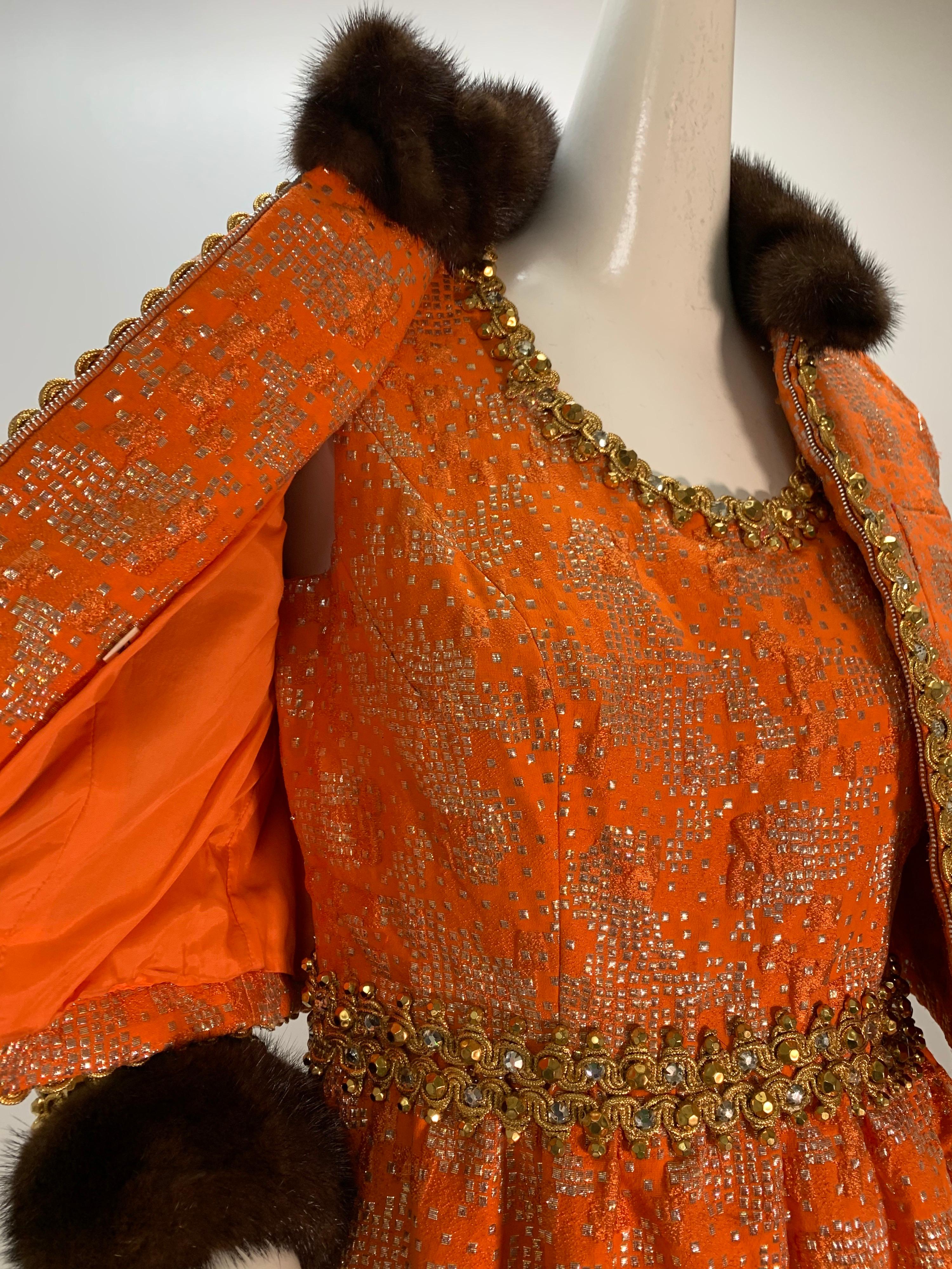 Women's 1960 Oscar DeLaRenta Tangerine Silk Brocade Cocktail Dress Ensemble W/Mink Trim  For Sale