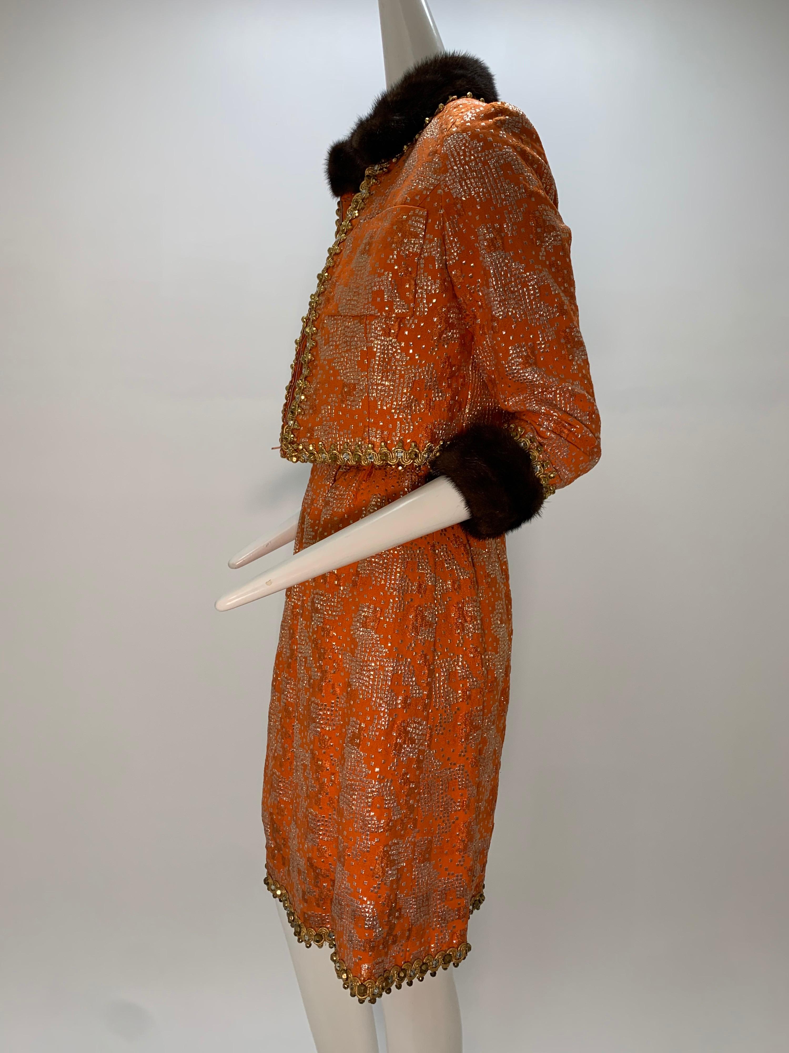 1960 Oscar DeLaRenta Tangerine Silk Brocade Cocktail Dress Ensemble W/Mink Trim  For Sale 3