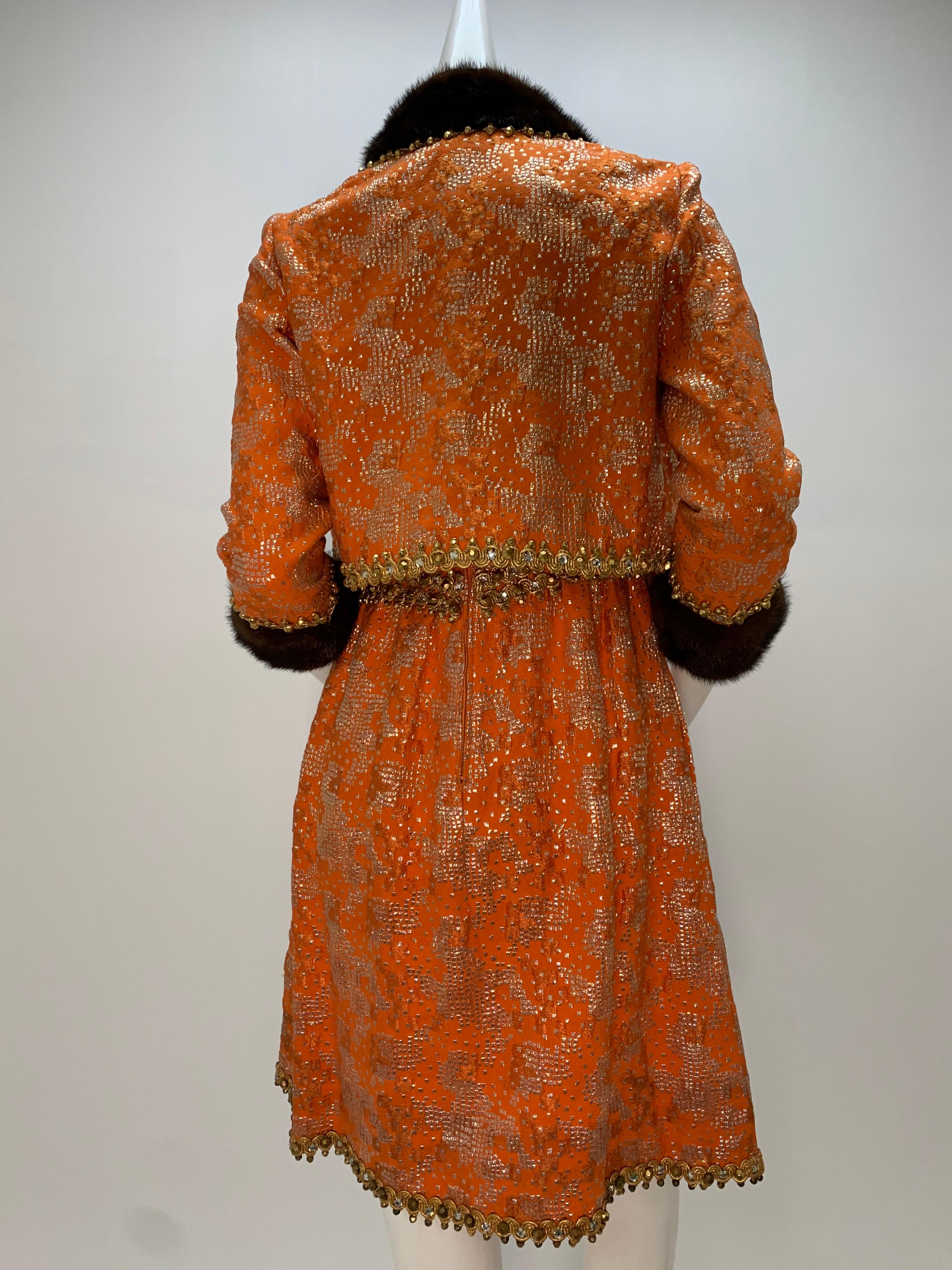 1960 Oscar DeLaRenta Tangerine Silk Brocade Cocktail Dress Ensemble W/Mink Trim  For Sale 4