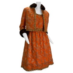 Retro 1960 Oscar DeLaRenta Tangerine Silk Brocade Cocktail Dress Ensemble W/Mink Trim 