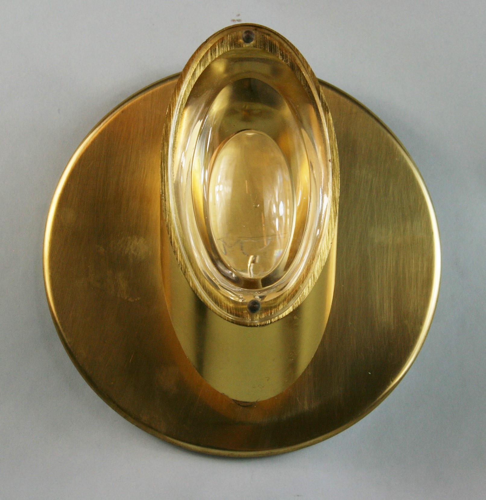 1960 Pair Brass and Glass Lenses Sconces Attributed to Stilnovo 2 Pair Available In Good Condition For Sale In Douglas Manor, NY