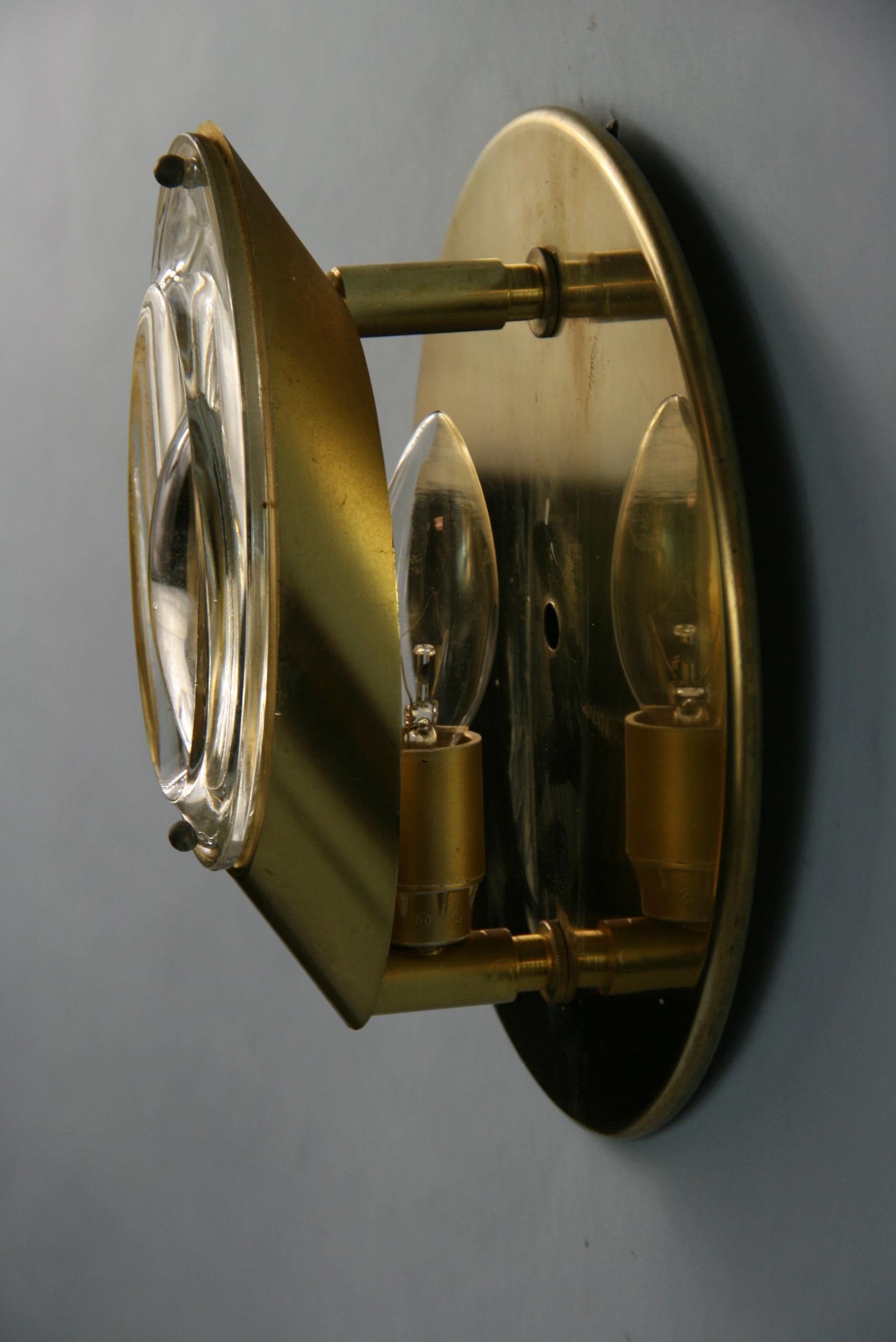 Mid-20th Century 1960 Pair Brass and Glass Lenses Sconces Attributed to Stilnovo 2 Pair Available For Sale