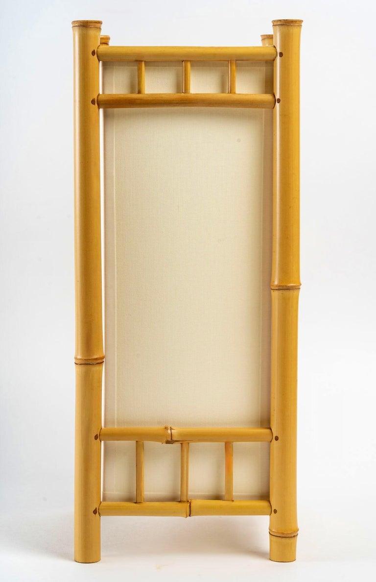 Composée de 4 tiges de bambou positionnées verticalement aux quatre coins de la lampe et maintenue par deux séries de tiges de bambou positionnées horizontalement et réparties sur la partie supérieure et inférieure de celle-ci.
A l'intérieur, un