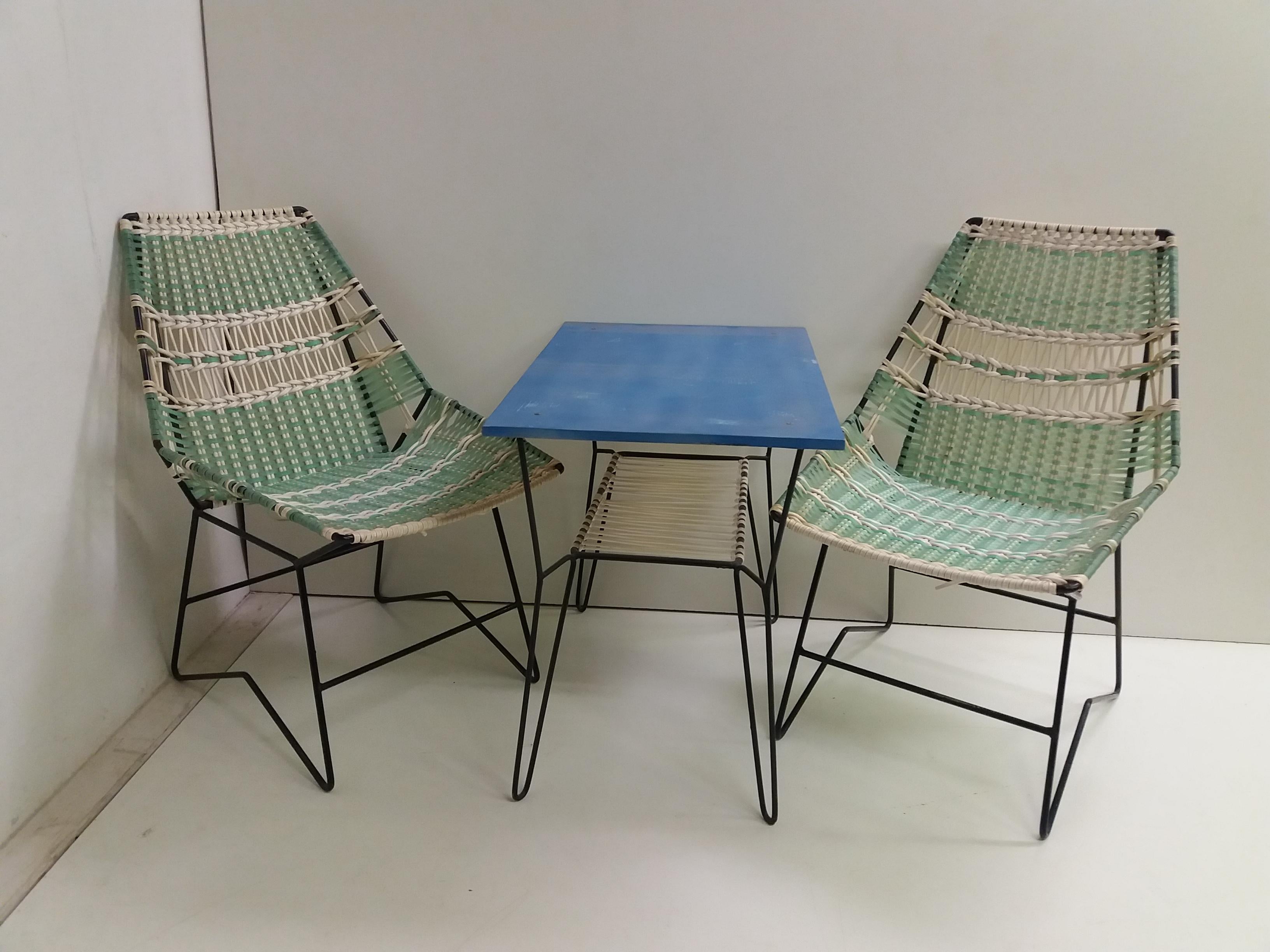 1960 Pair of Braided Armchairs + Vertex Table, Czechoslovakia For Sale 4
