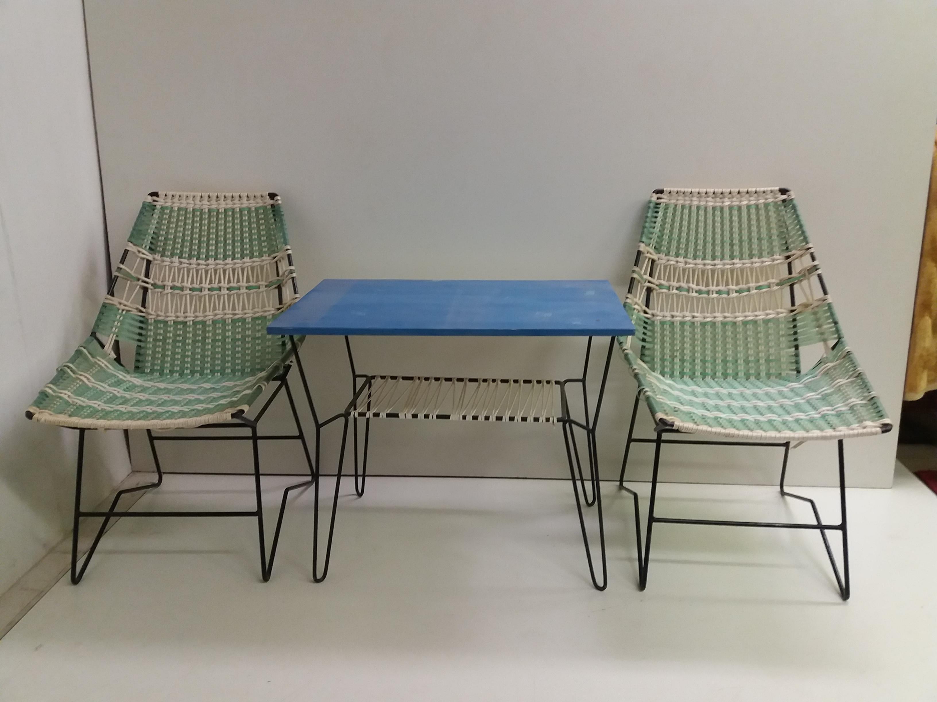 1960 Pair of Braided Armchairs + Vertex Table, Czechoslovakia For Sale 5