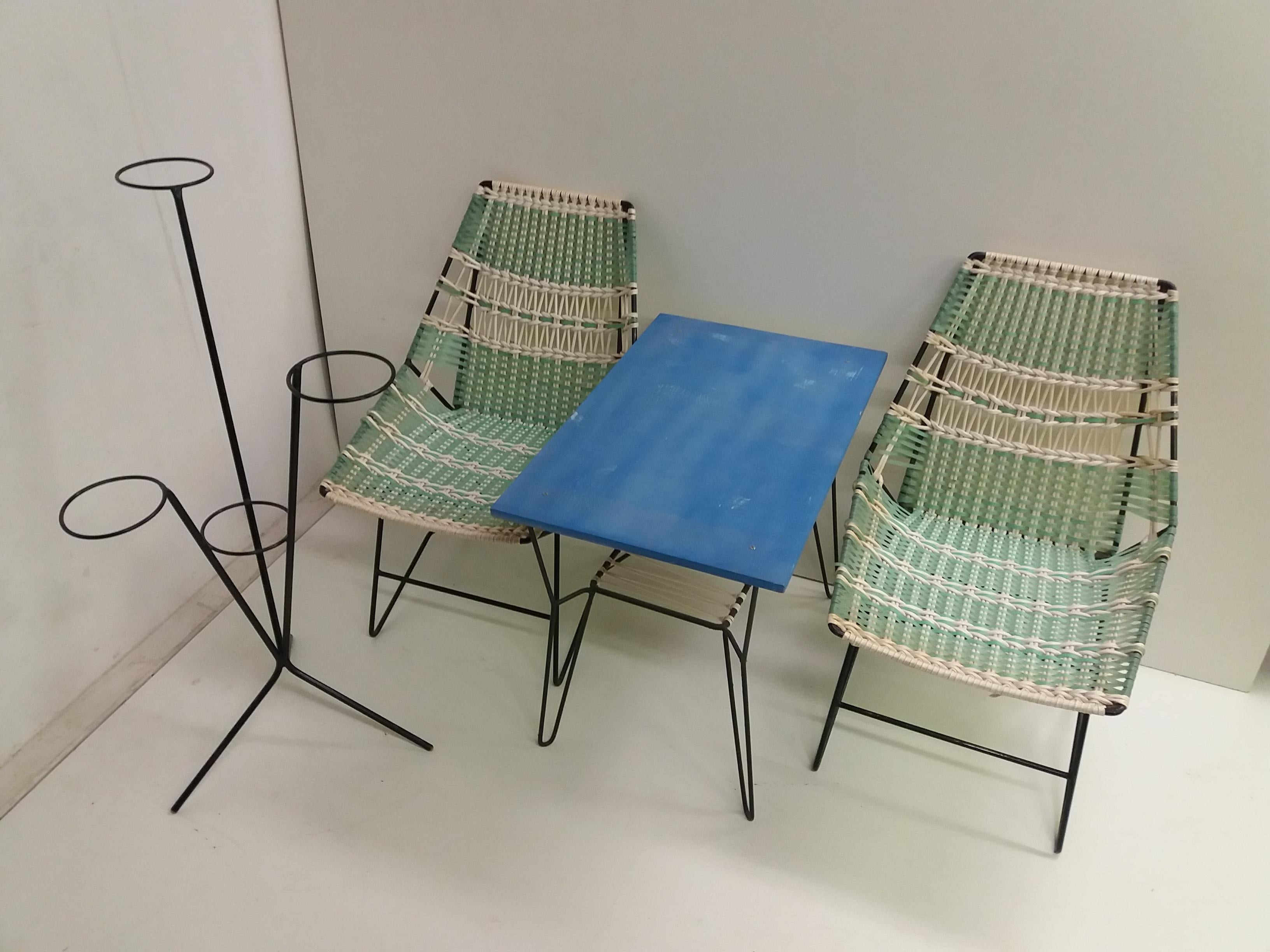 1960 Pair of Braided Armchairs + Vertex Table, Czechoslovakia For Sale 6