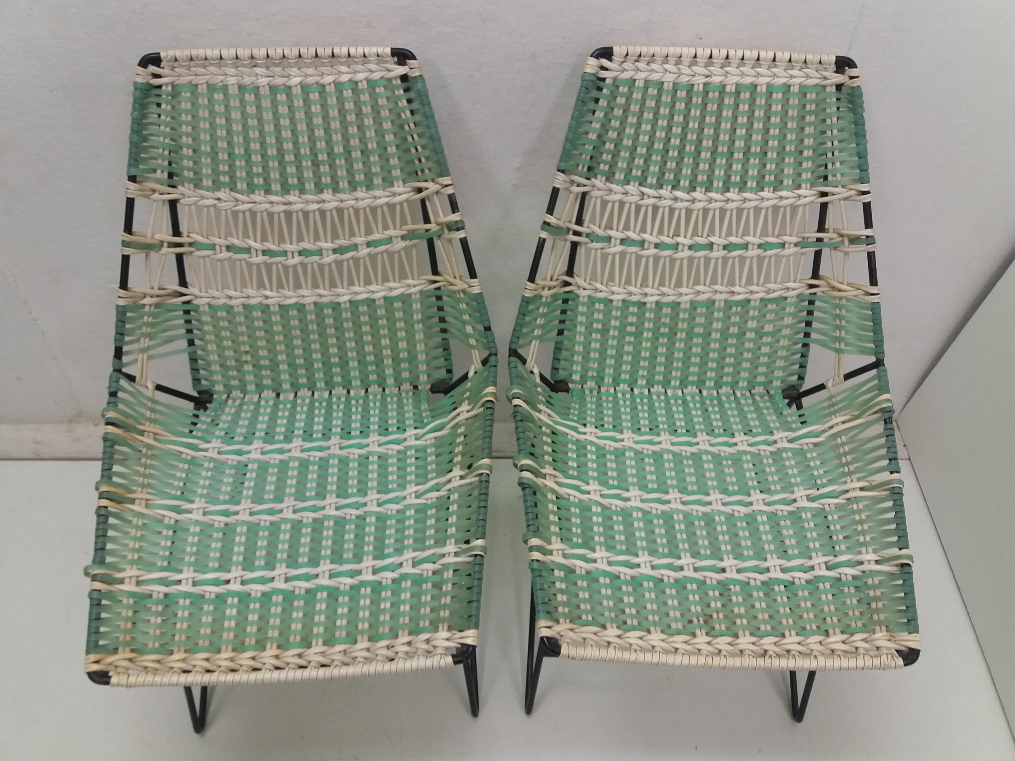 Mid-Century Modern 1960 Pair of Braided Armchairs + Vertex Table, Czechoslovakia For Sale
