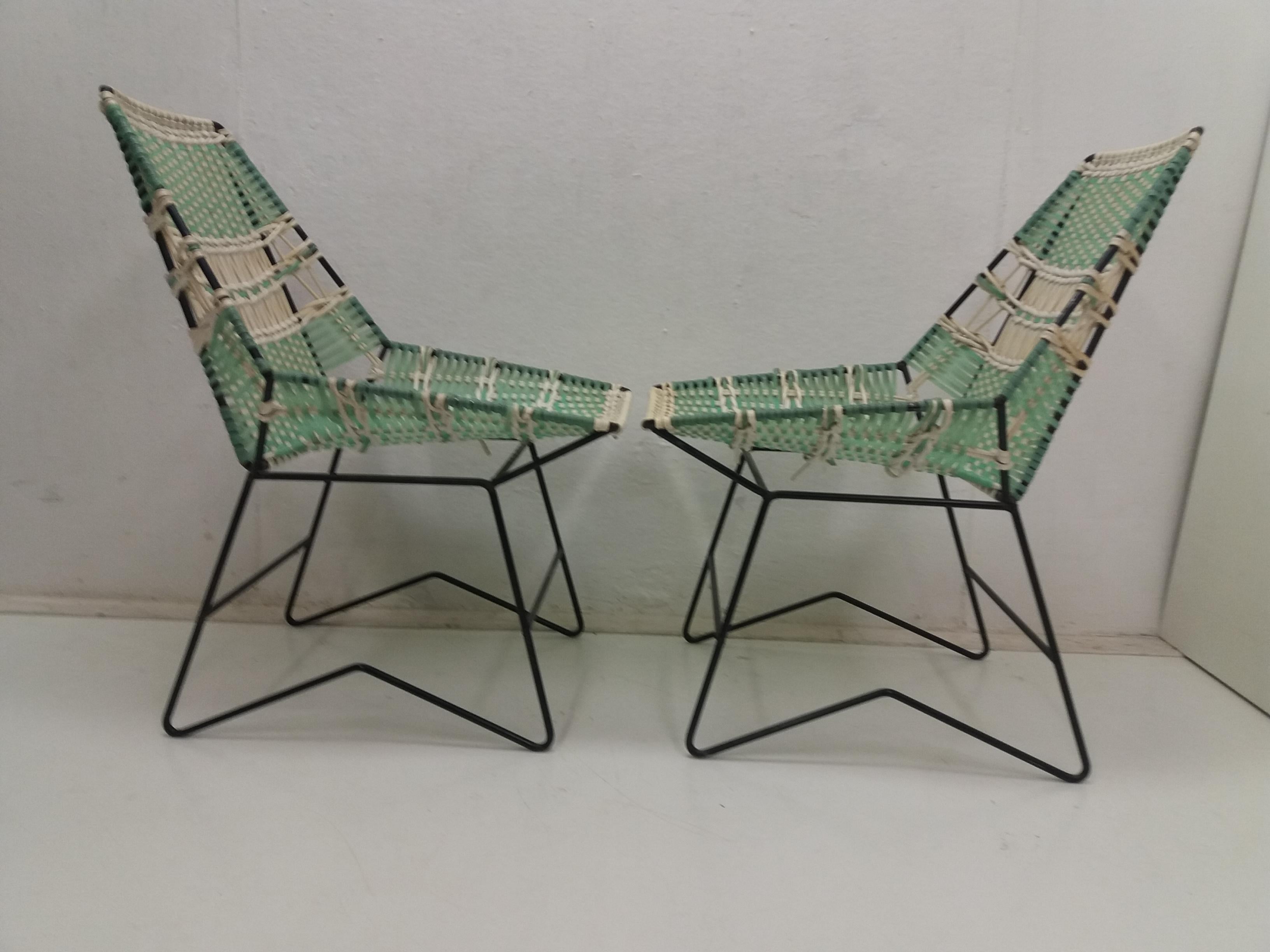 1960 Pair of Braided Armchairs + Vertex Table, Czechoslovakia For Sale 2