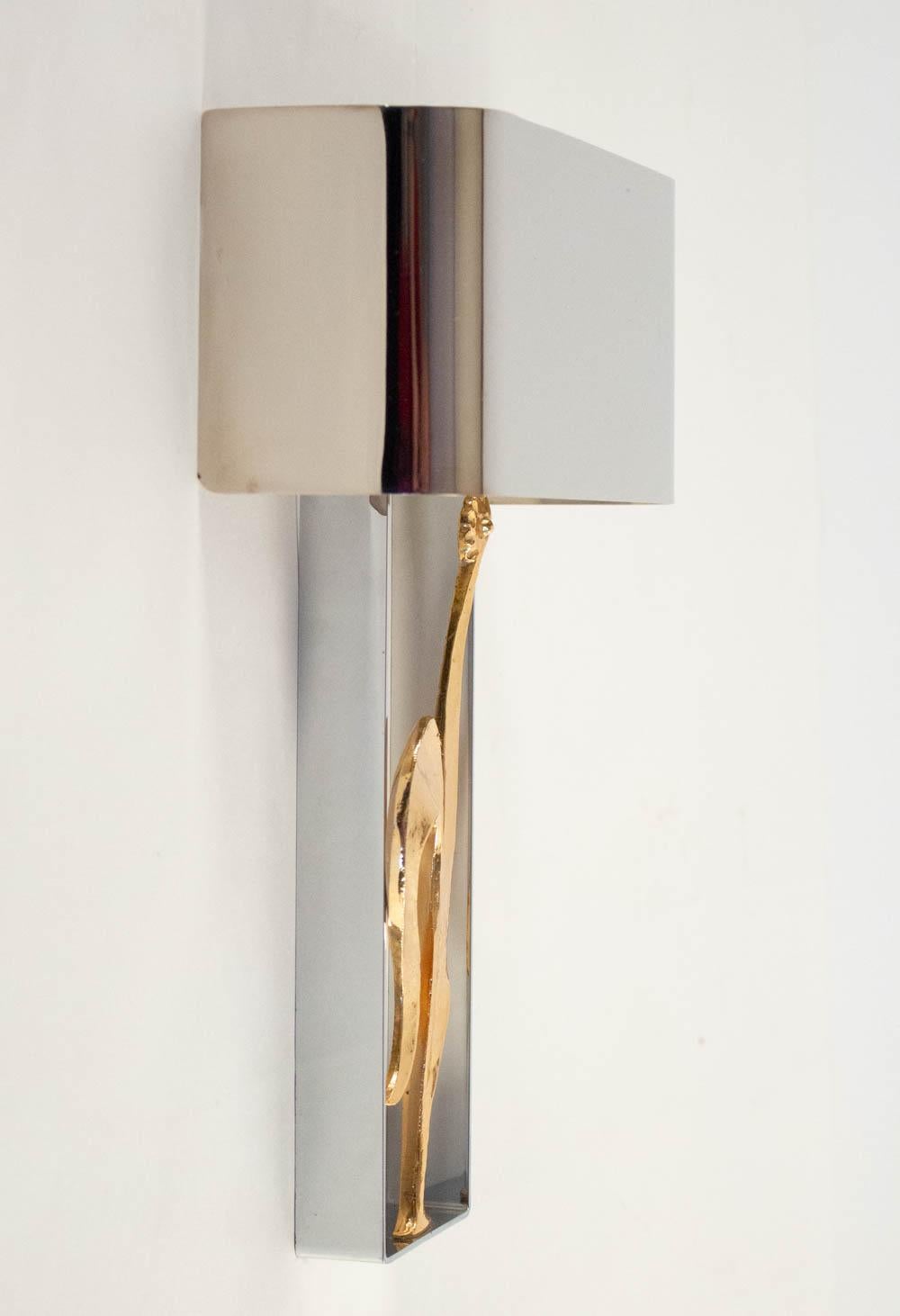 Brass 1960 Pair of Gilt Bronze and Silvered Sconces from the Maison Charles