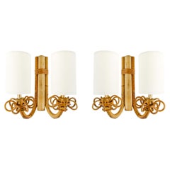 1960 Pair of Louis Sognot rattan wall lights