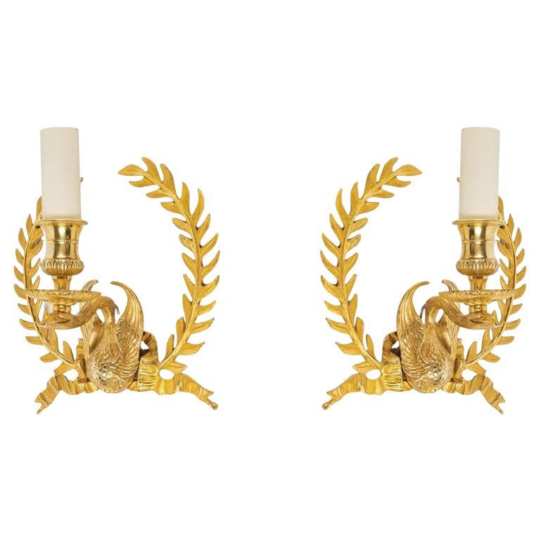 1960 Pair of Lyre bronze wall sconces Maison Lucien Gau im Angebot