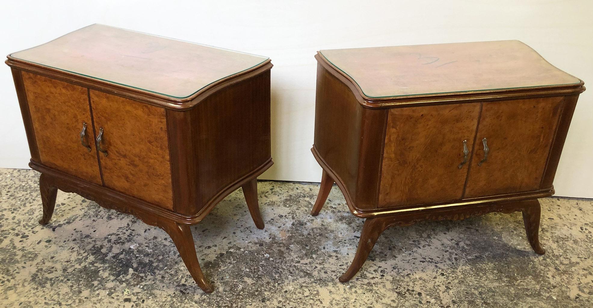 Pair of uncommon and  briar wood  night stands from 1960, Italian originals. 
Transparent glass top.
In the past, there were parts of the newspaper of the time under the glass.
Coming from a villa of Forte dei Marmi area of Tuscany.
As shown in the