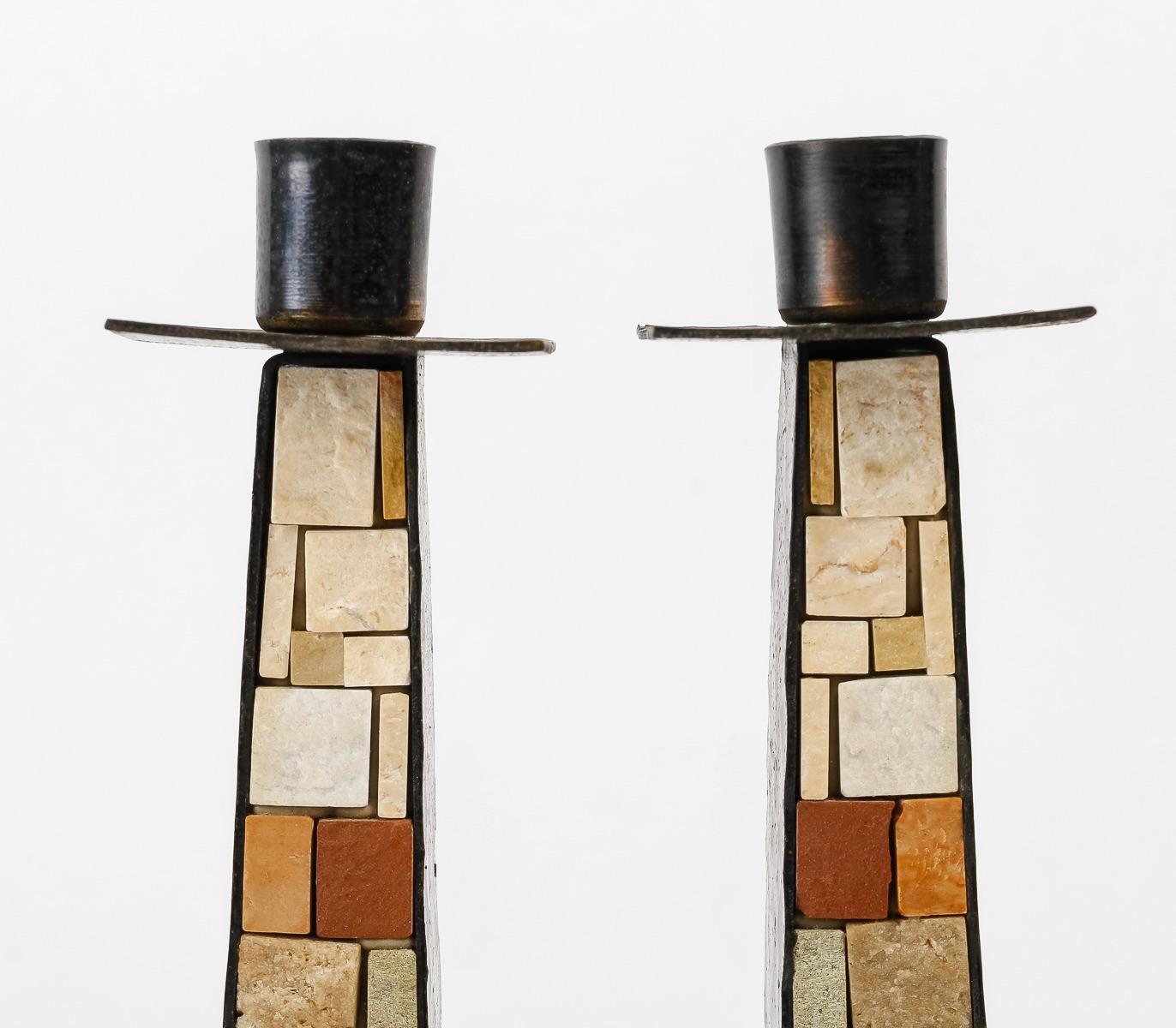 French 1960 Pair of mosaic candlesticks Atelier Vallauris For Sale