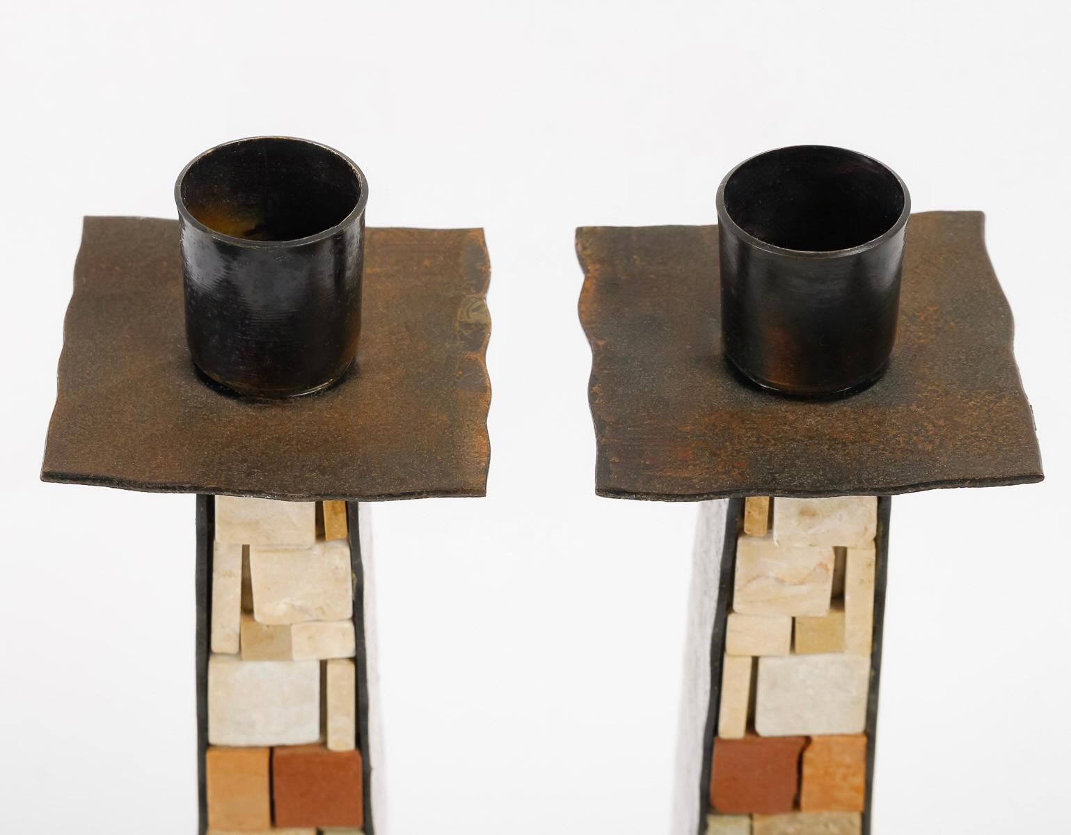1960 Pair of mosaic candlesticks Atelier Vallauris In Good Condition For Sale In Saint-Ouen, FR
