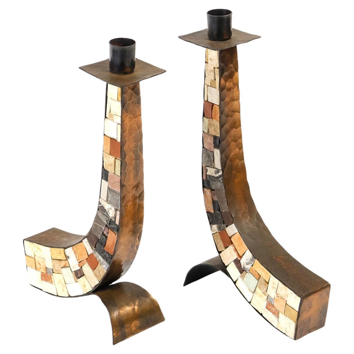 1960 Pair of mosaic candlesticks Atelier Vallauris For Sale