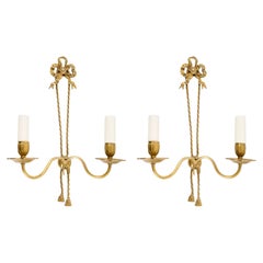 1960 Pair of neo-classical gilt bronze wall lamps by Lucien Gau