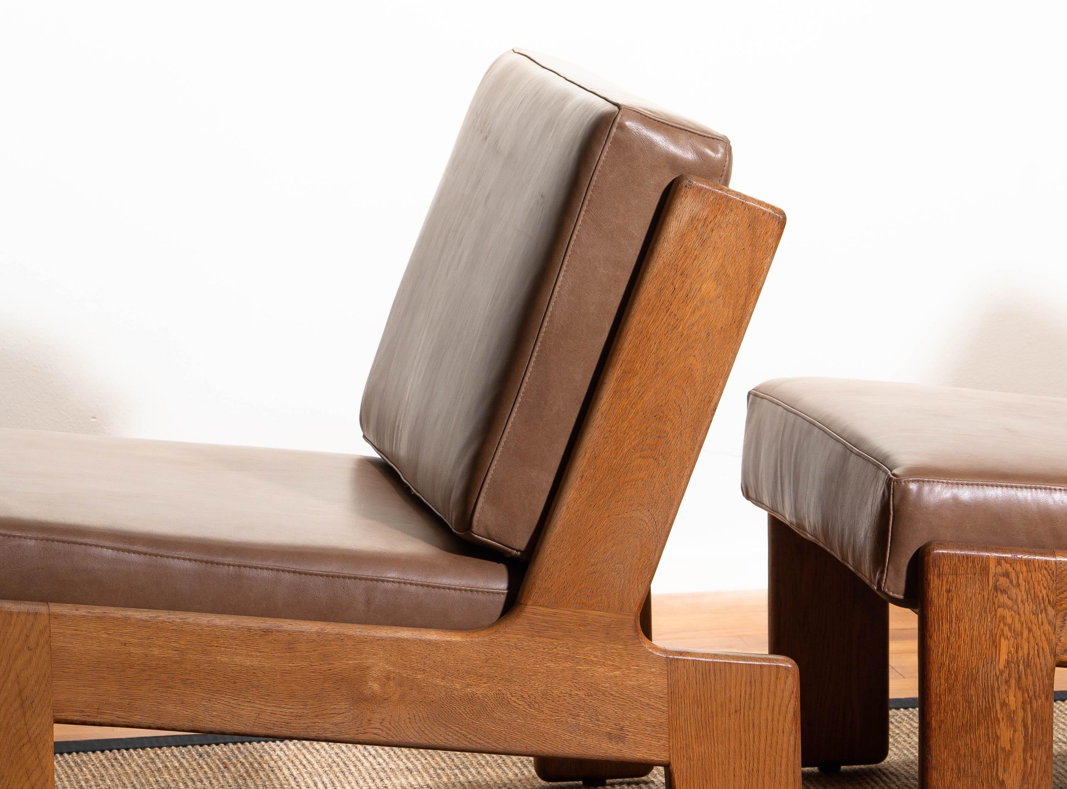 1960, Pair of Oak and Leather Cubist Lounge Chairs by Esko Pajamies for Asko 5