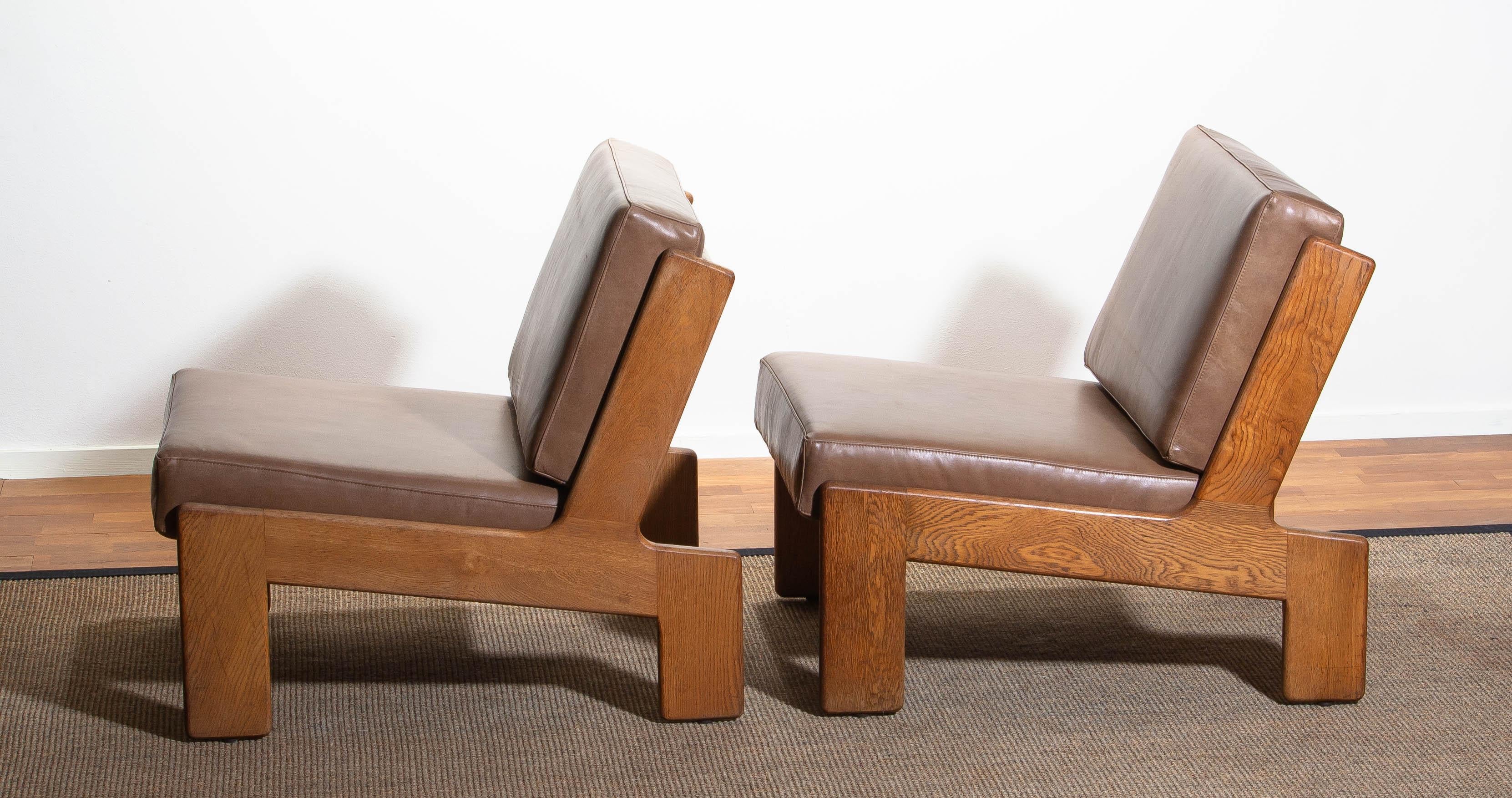 1960, Pair of Oak and Leather Cubist Lounge Chairs by Esko Pajamies for Asko 5