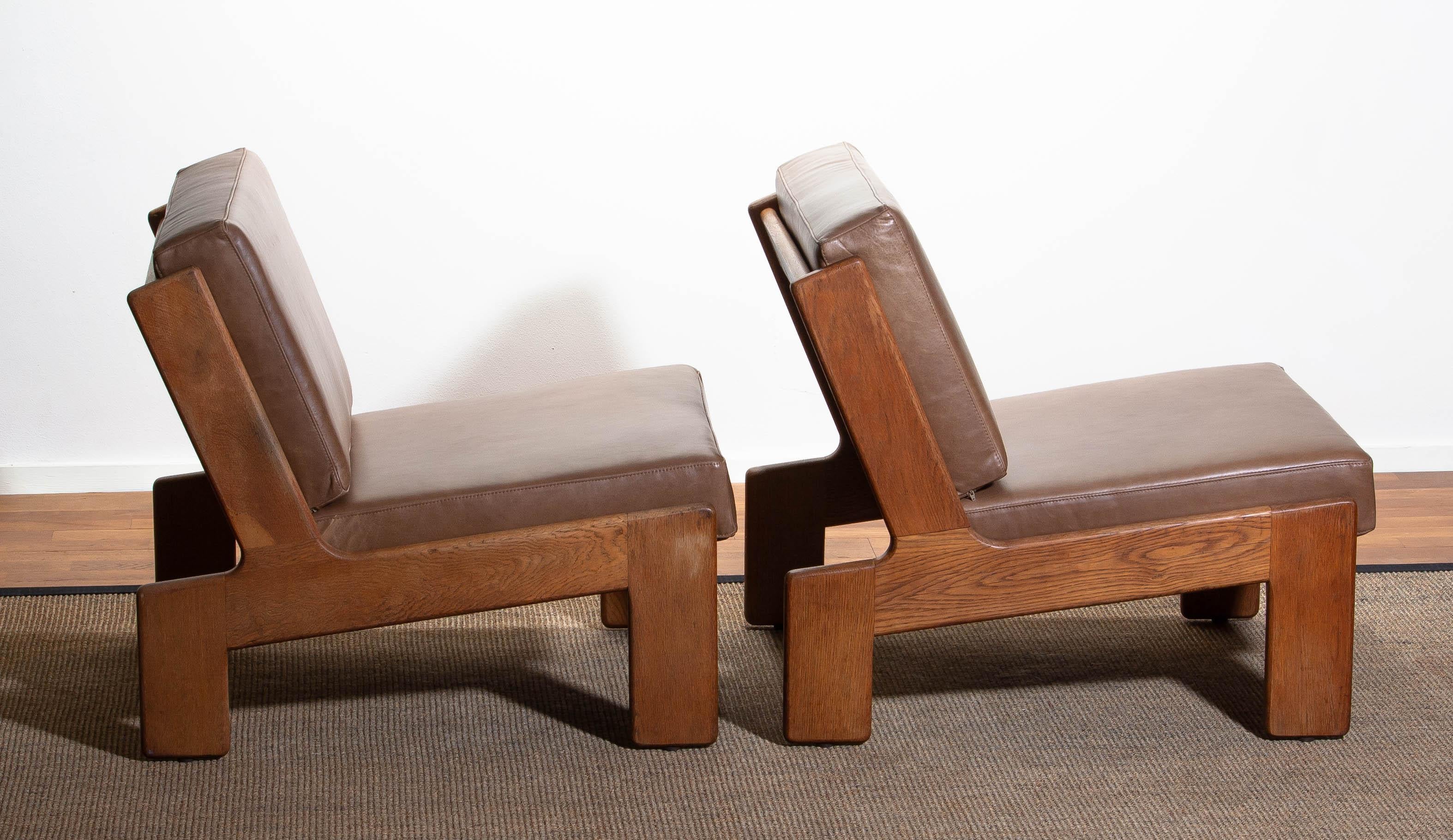1960, Pair of Oak and Leather Cubist Lounge Chairs by Esko Pajamies for Asko 7