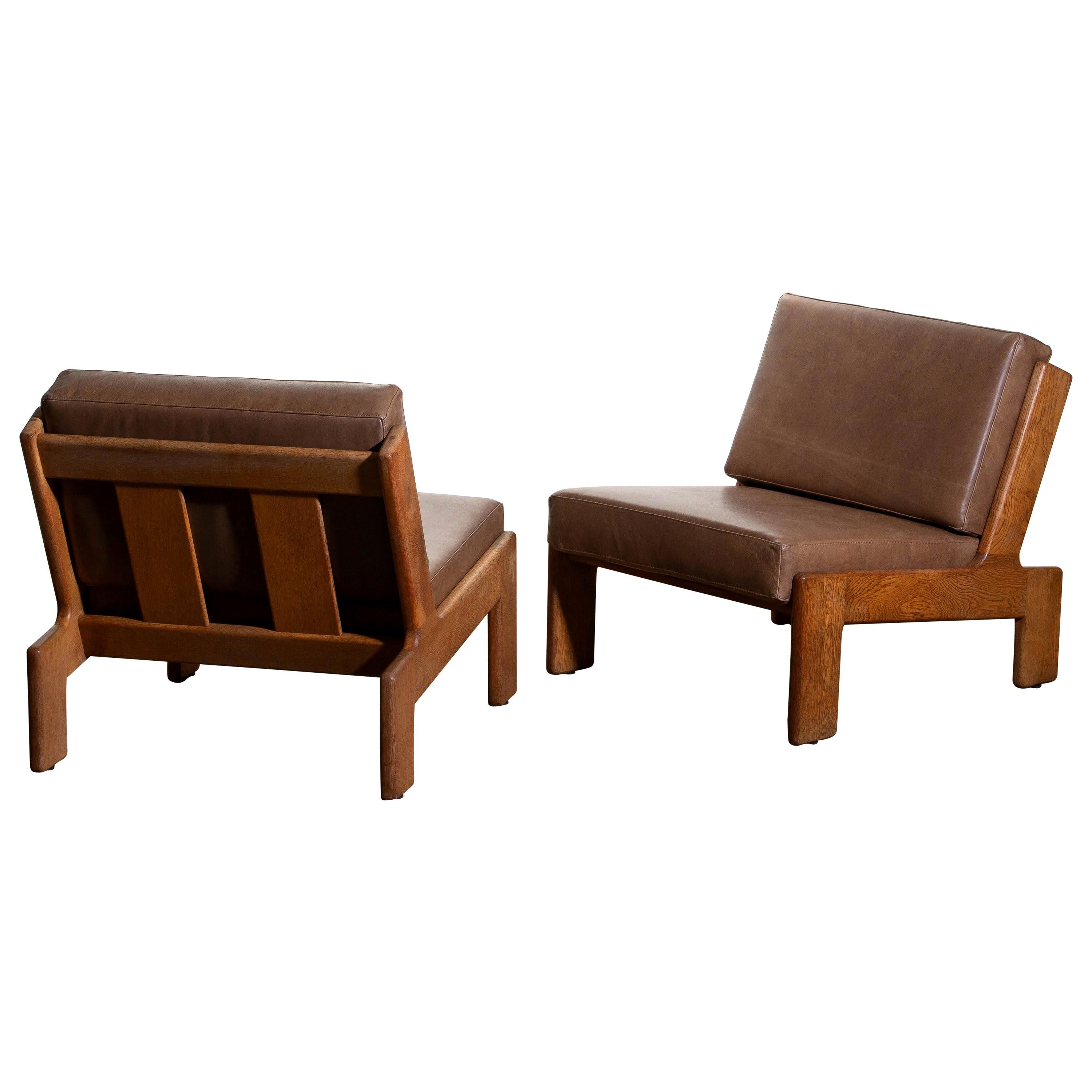 Mid-Century Modern 1960, Pair of Oak and Leather Cubist Lounge Chairs by Esko Pajamies for Asko