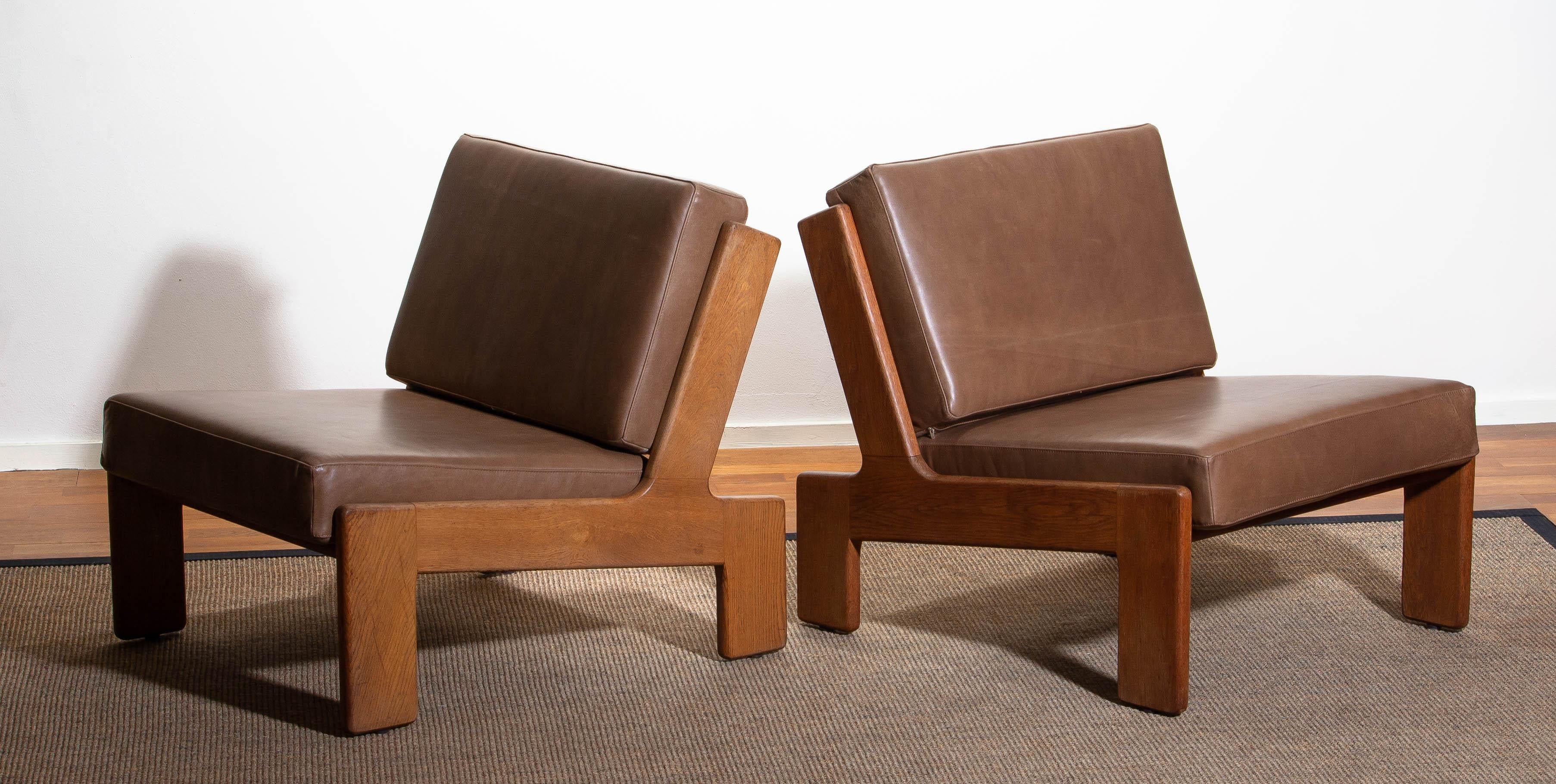 1960, Pair of Oak and Leather Cubist Lounge Chairs by Esko Pajamies for Asko 1