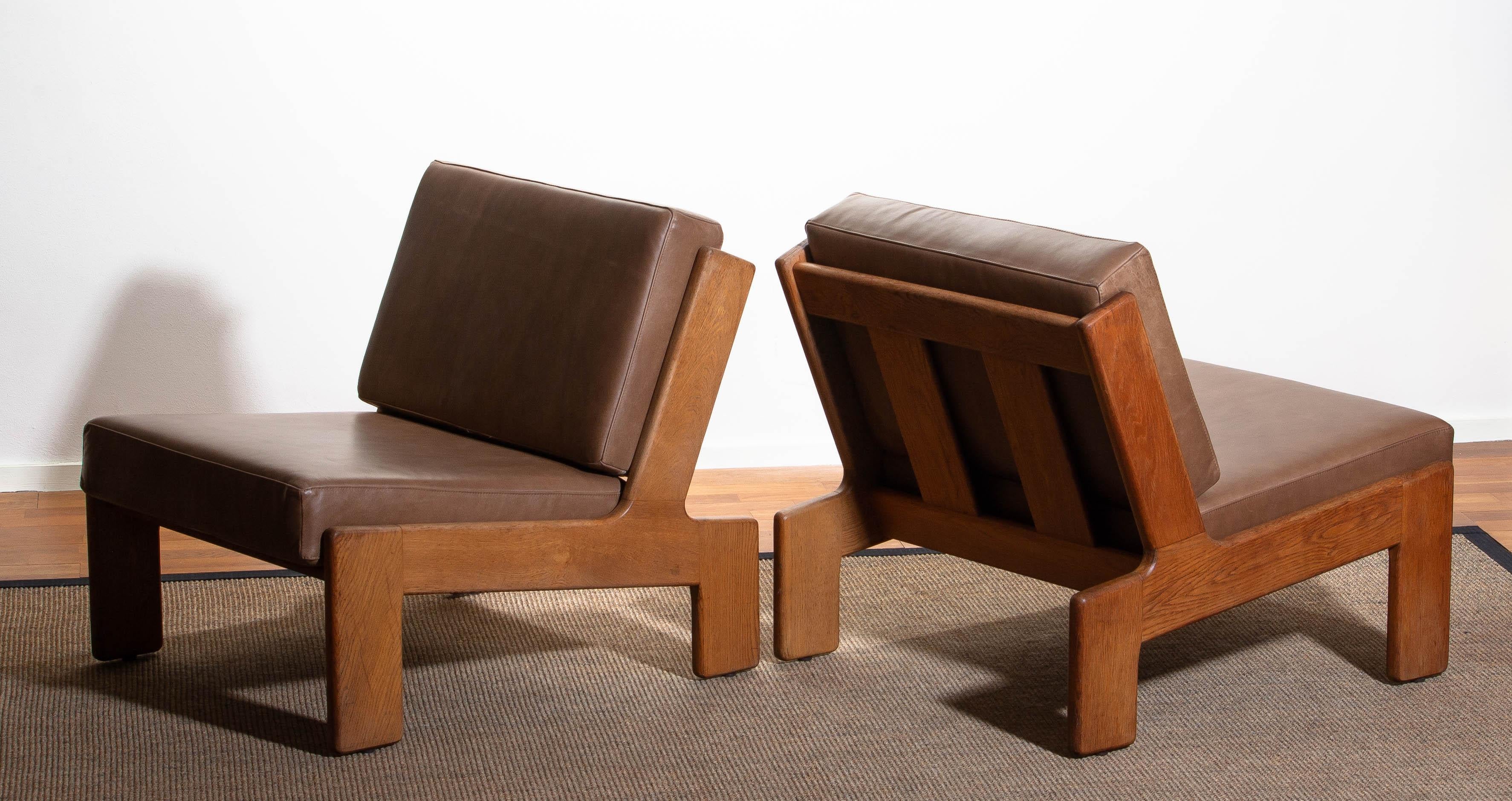 1960, Pair of Oak and Leather Cubist Lounge Chairs by Esko Pajamies for Asko 2