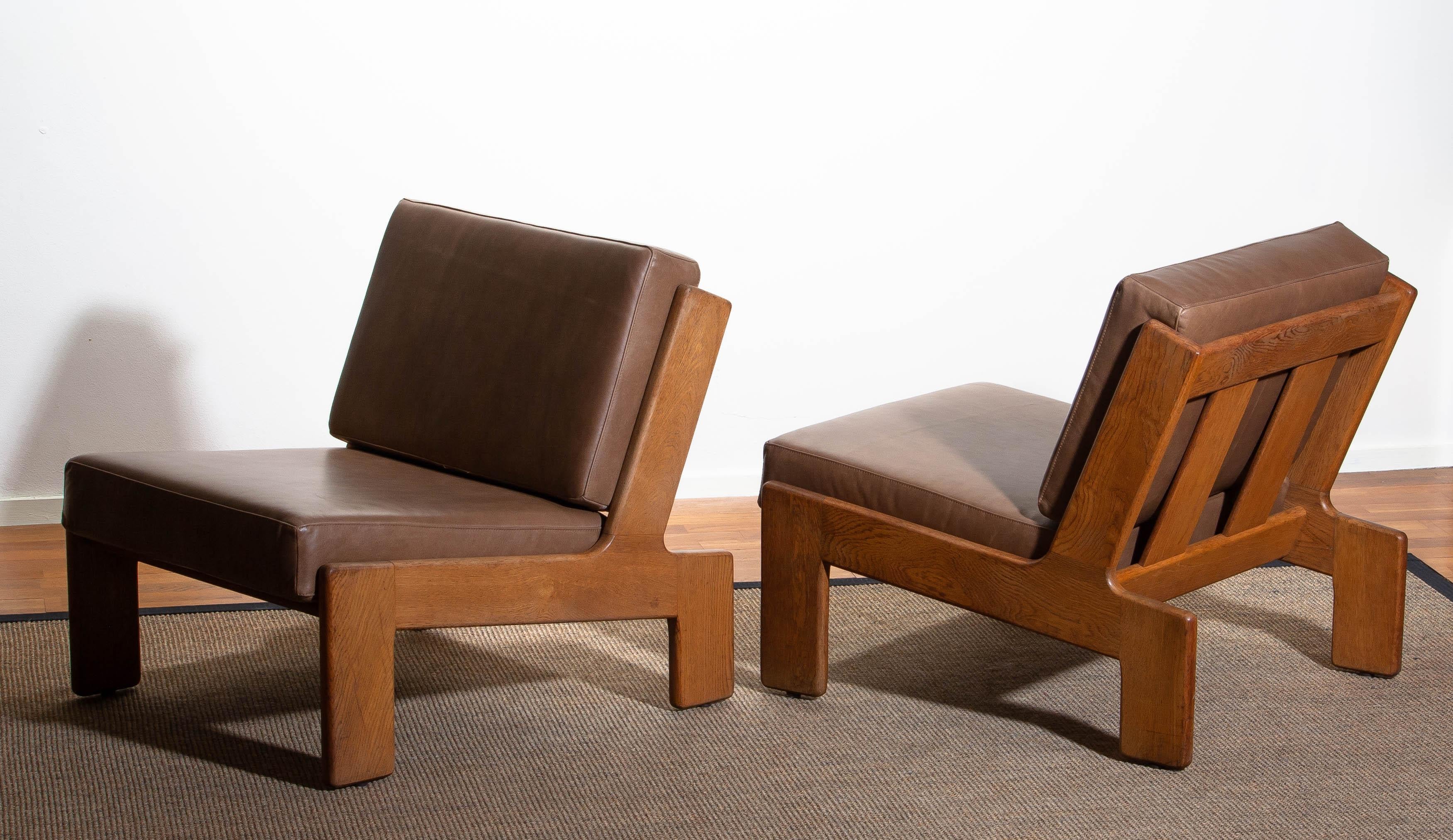 1960, Pair of Oak and Leather Cubist Lounge Chairs by Esko Pajamies for Asko 3