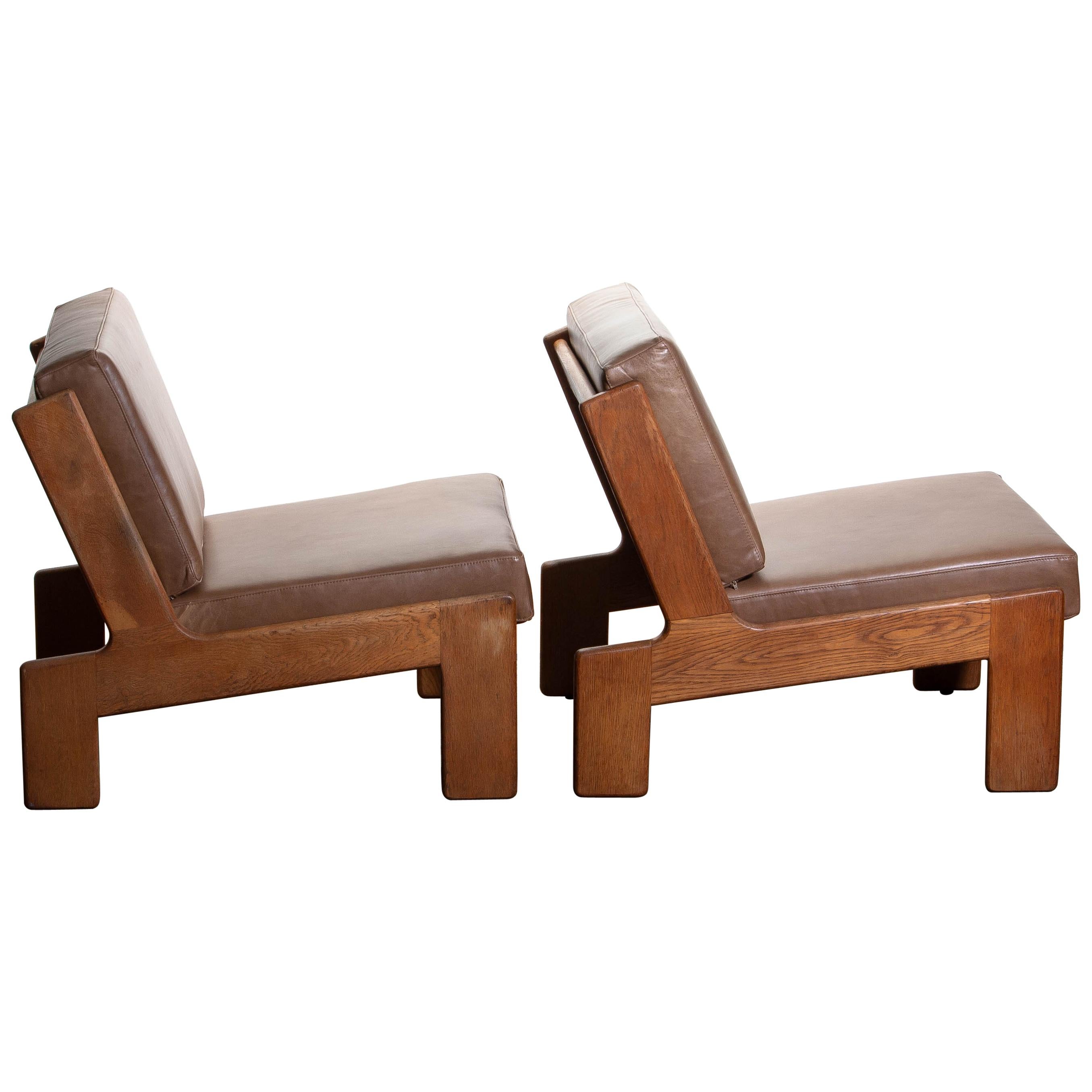 1960, Pair of Oak and Leather Cubist Lounge Chairs by Esko Pajamies for Asko