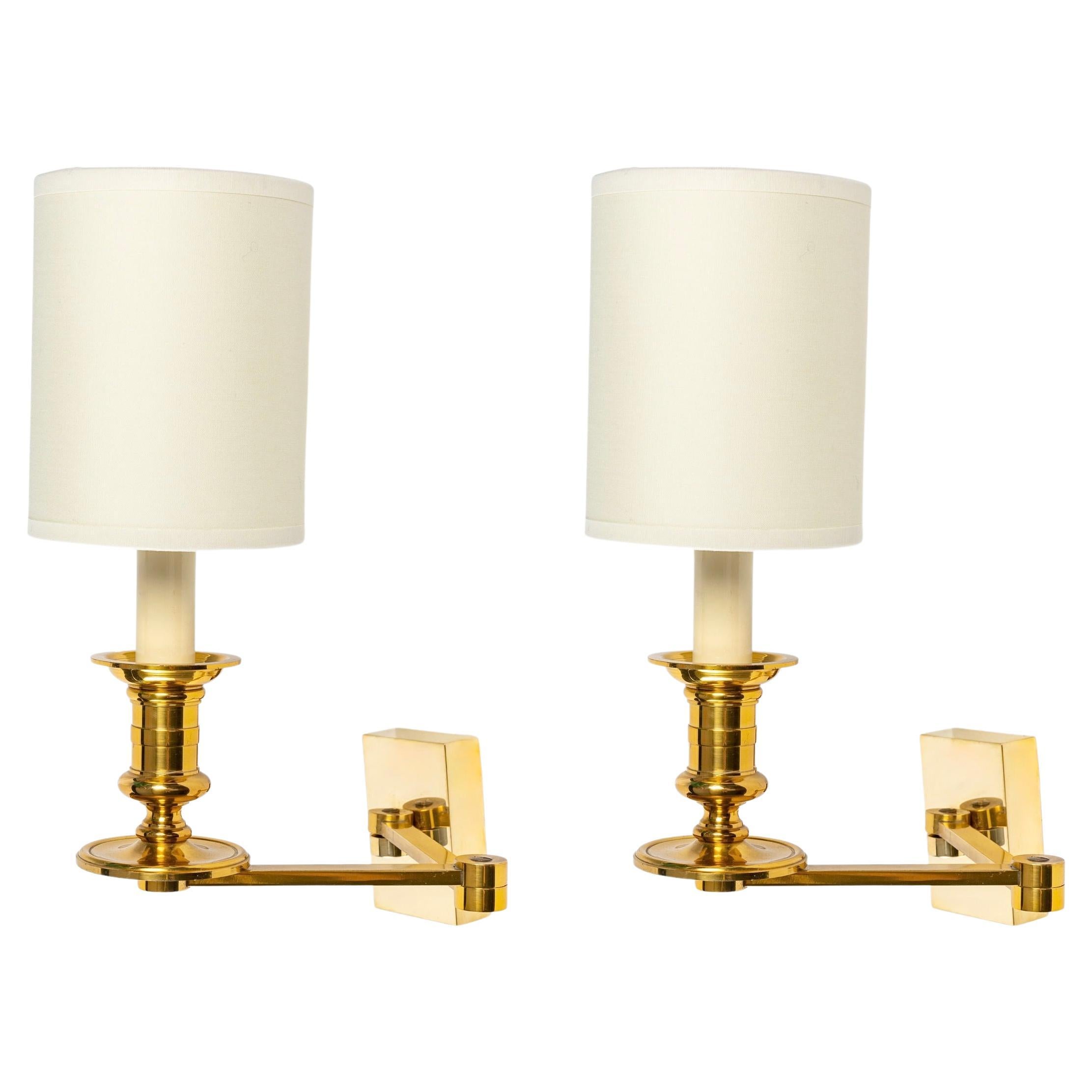 1960, Pair of Sconces with Pivoting Arm in Gilded Bronze by Maison Jansen For Sale