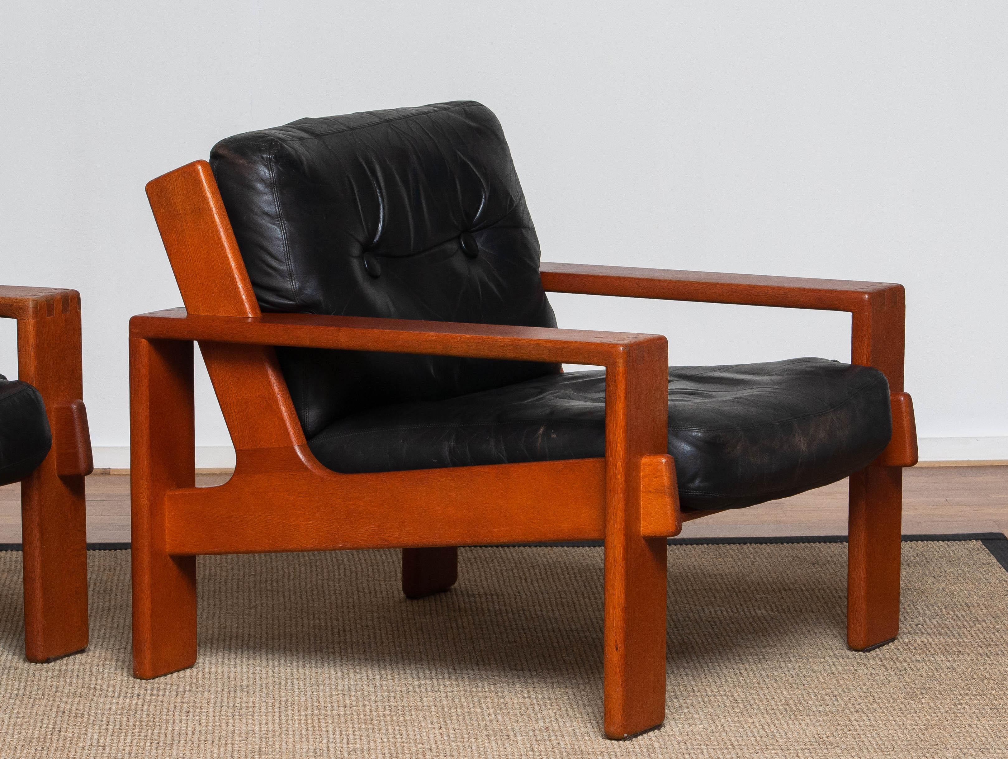 1960 Pair Teak and Black Leather Cubist Lounge Chair by Esko Pajamies for Asko 3