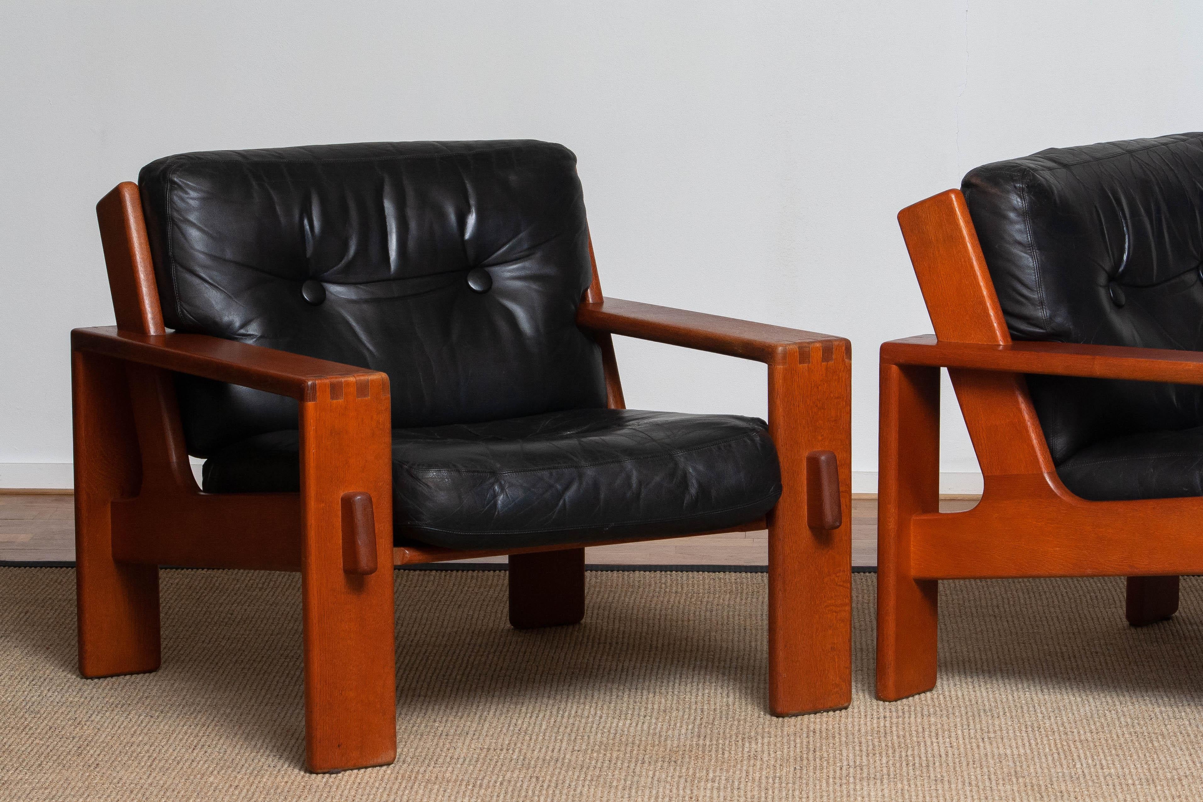 1960 Pair Teak and Black Leather Cubist Lounge Chair by Esko Pajamies for Asko 5