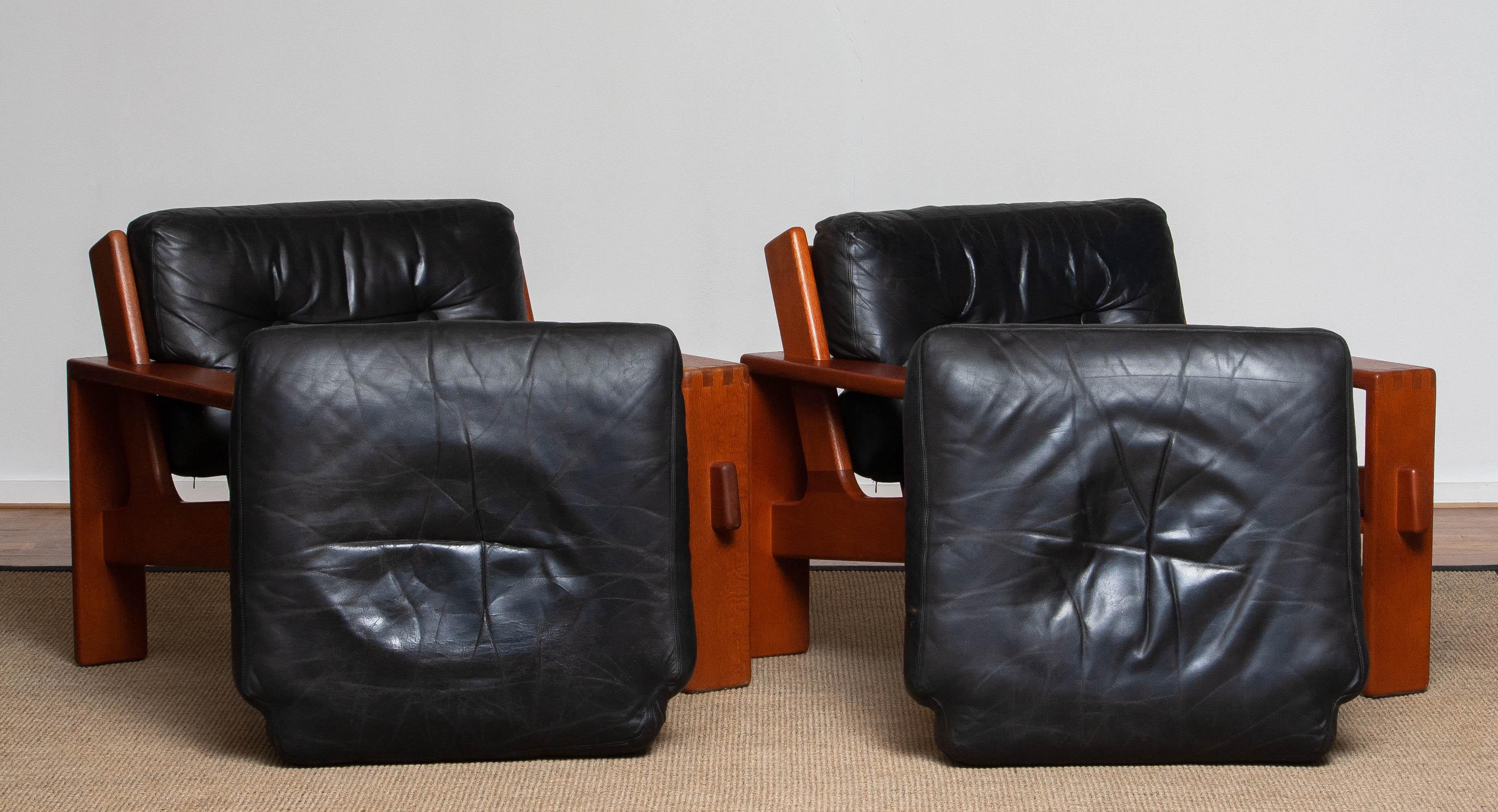 1960 Pair Teak and Black Leather Cubist Lounge Chair by Esko Pajamies for Asko 6
