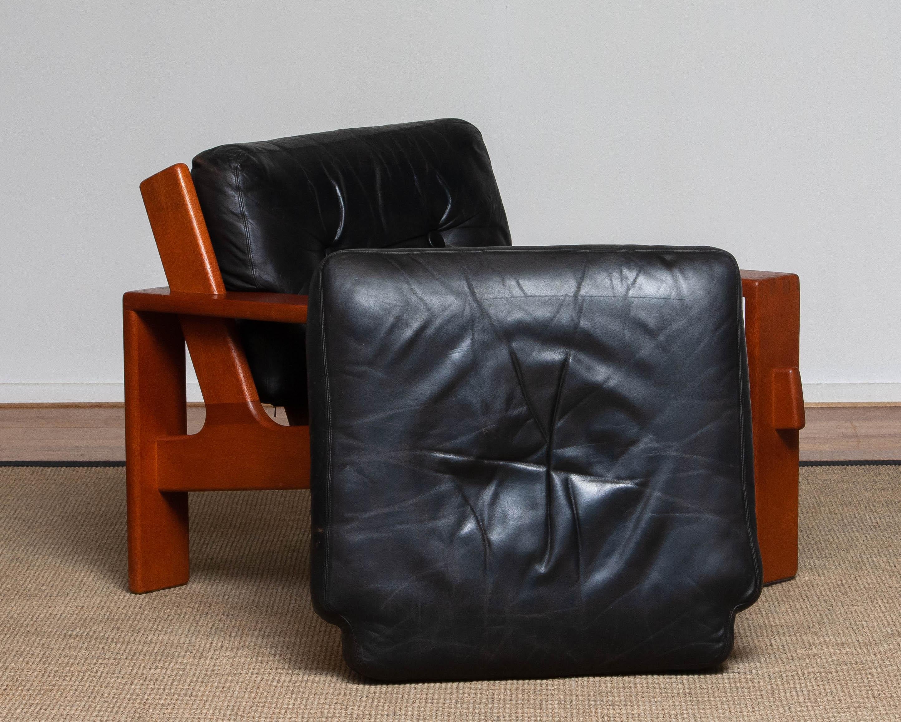 Finnish 1960 Pair Teak and Black Leather Cubist Lounge Chair by Esko Pajamies for Asko