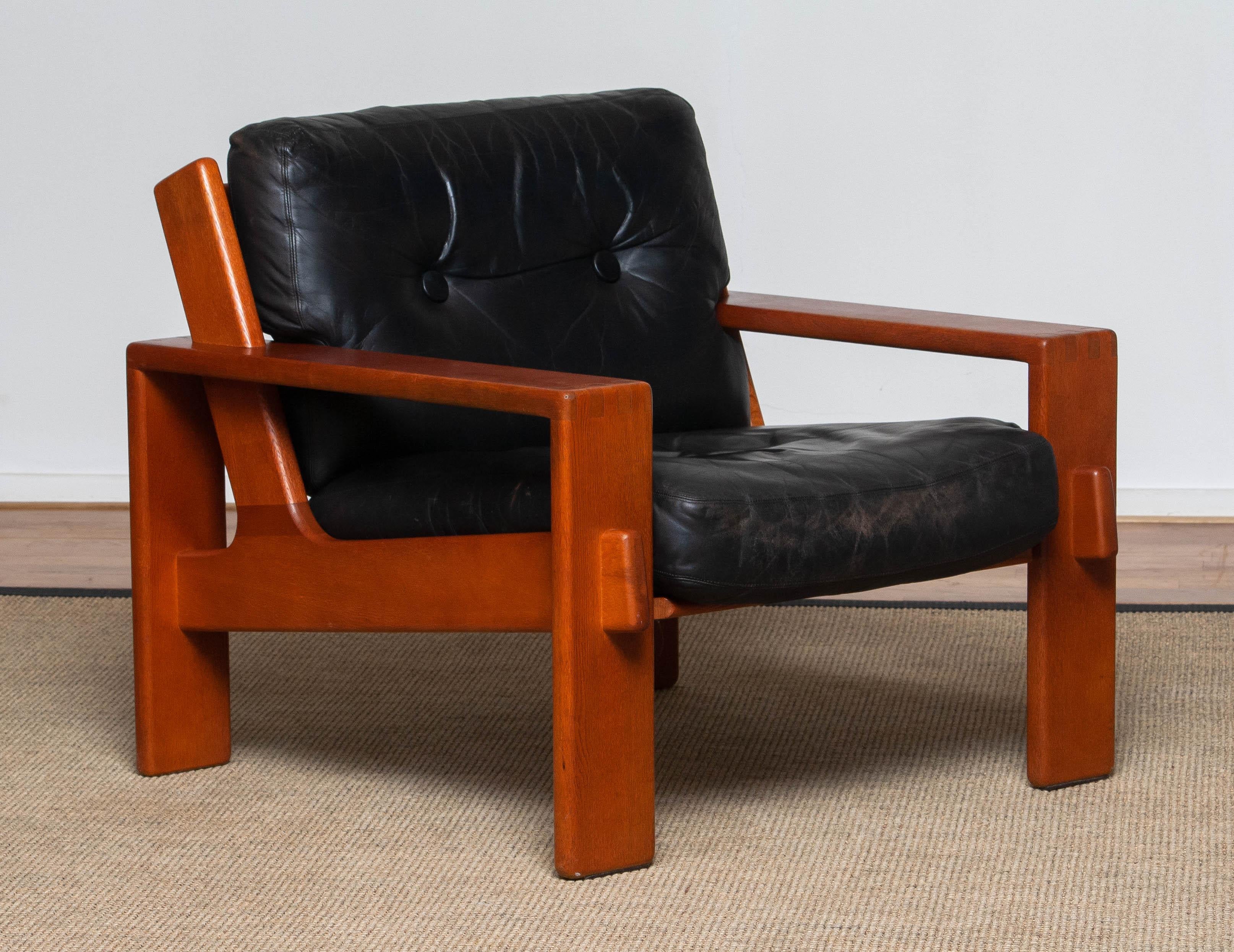 1960 Pair Teak and Black Leather Cubist Lounge Chair by Esko Pajamies for Asko In Good Condition In Silvolde, Gelderland